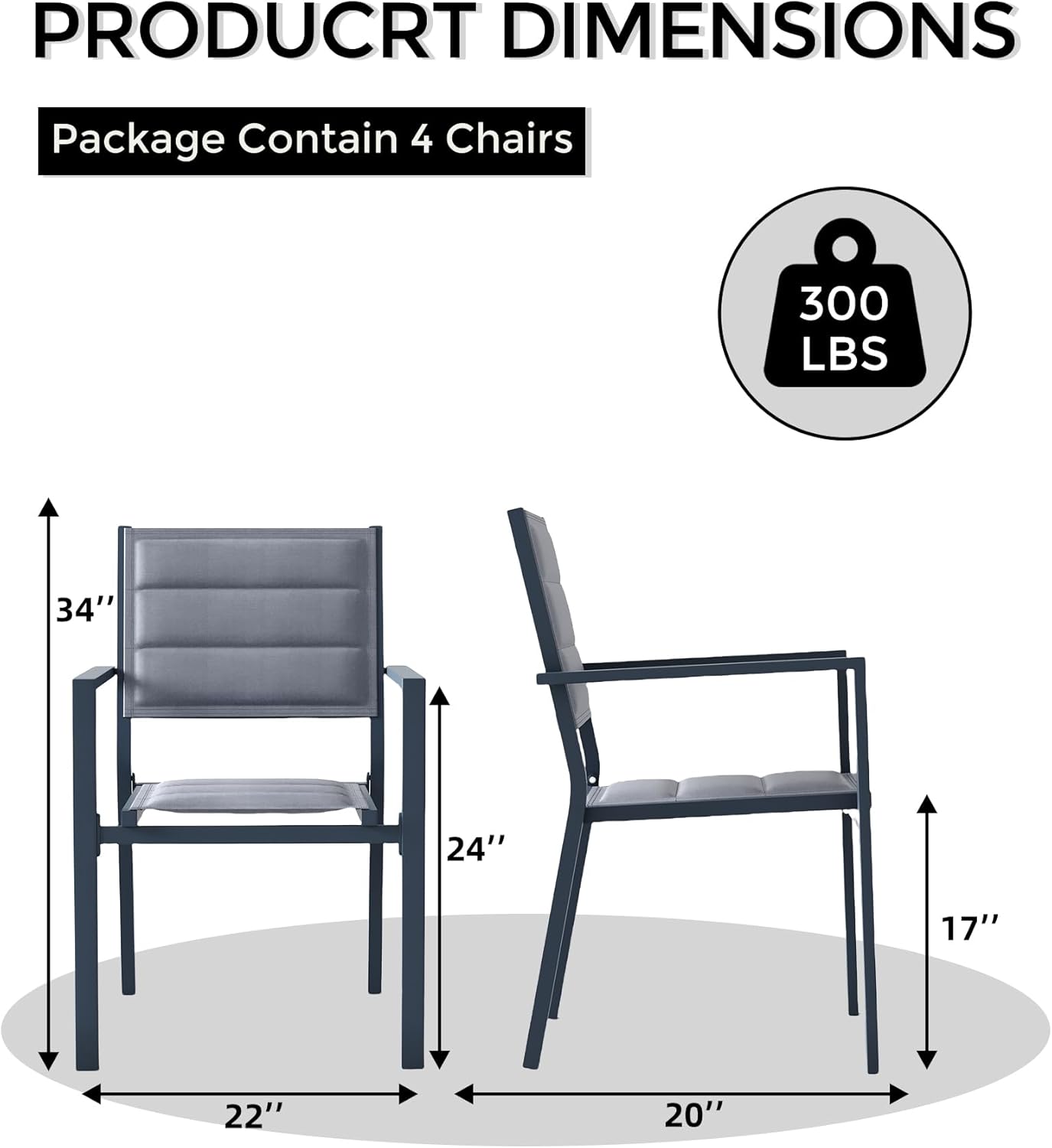 GAOMON 4 Piece Aluminum Patio Stackable Dining Chairs Set, Outdoor Metal Lightweight Stacking Dining Chair with Textilene Fabric, for Backyard Lawn Deck Poolside Porch Bistro, Dark Grey