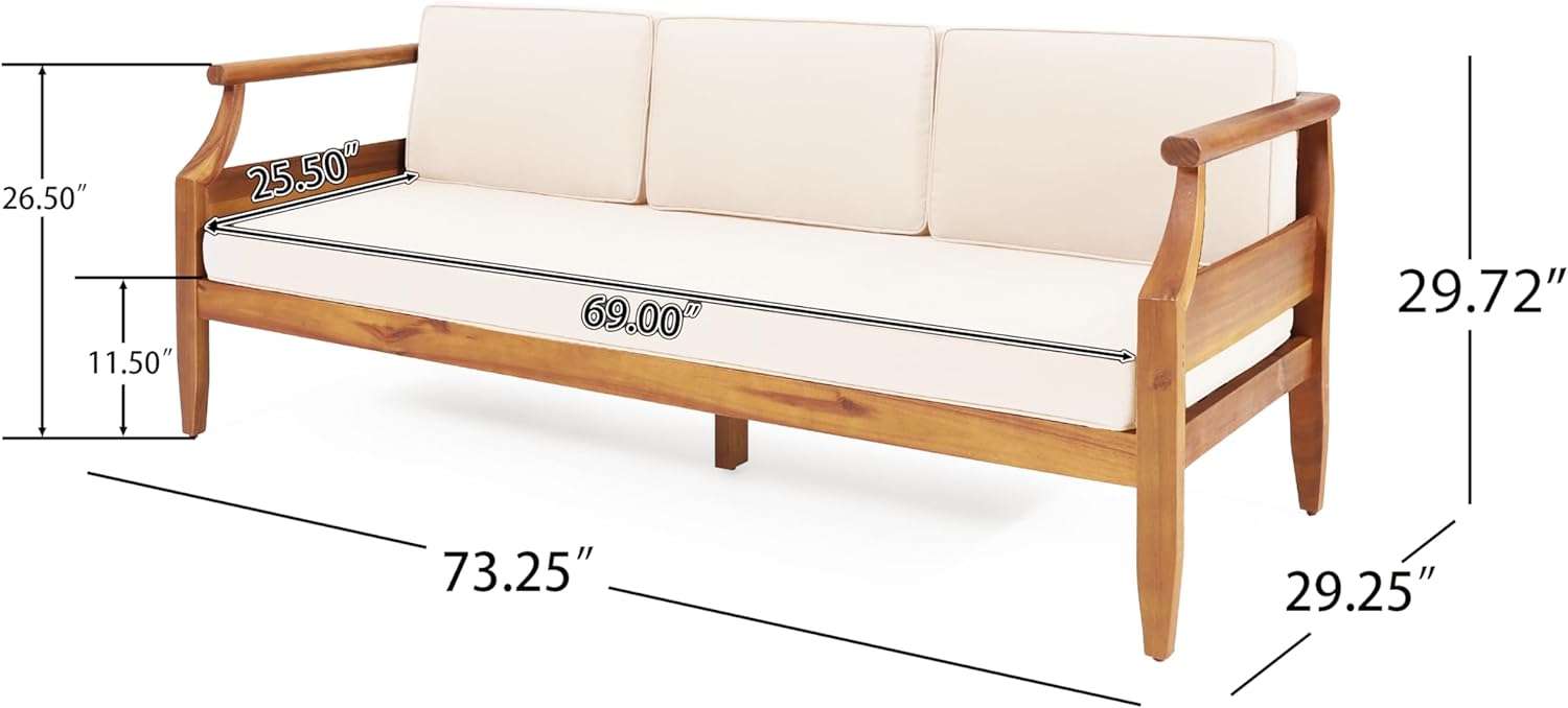 Christopher Knight Home Aston Outdoor 3 Seater Sofa, Upholstered Cushion Couch, Acacia Wood Bench Sofa, Slat Armchair, 73.25" W Spacious Seating Bench Couch for Gardern Porch Balcony, Teak+Beige