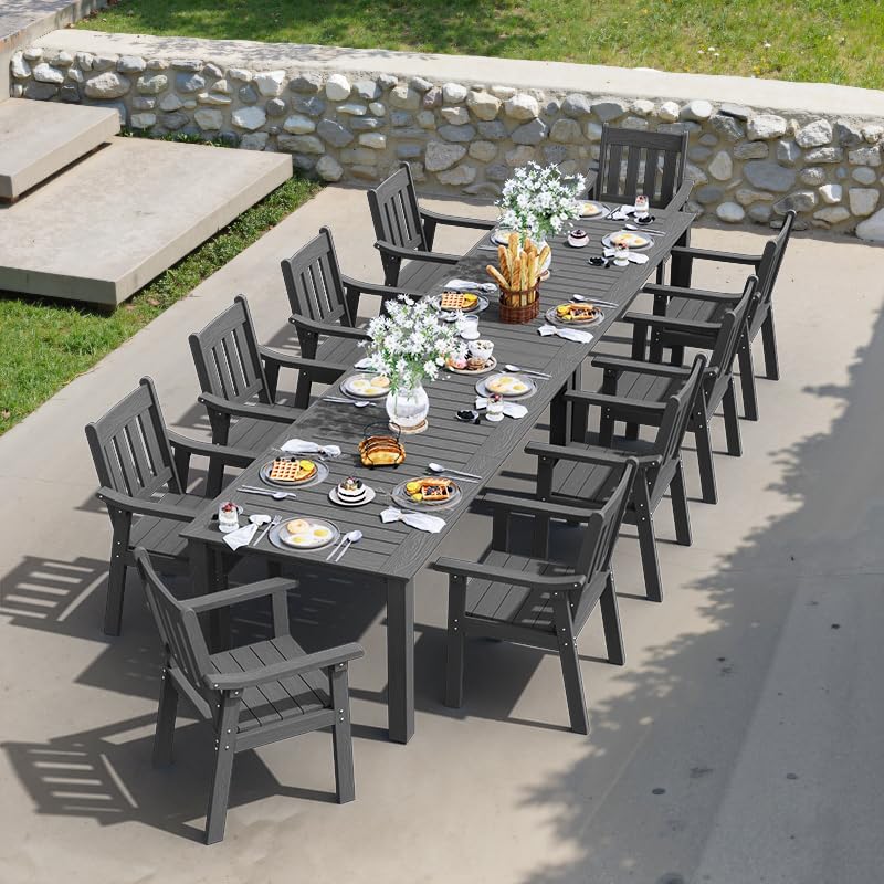 YEFU HIPS Patio Table Set: 7 Piece Outdoor Table and Chairs Dining Furniture Set with Umbrella Hole - Teak Modern Plastic Dining Sets 6 Person for Outside Deck with Metal Aluminum Frame