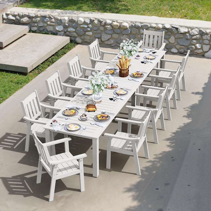 YEFU HIPS Patio Table Set: 7 Piece Outdoor Table and Chairs Dining Furniture Set with Umbrella Hole - Teak Modern Plastic Dining Sets 6 Person for Outside Deck with Metal Aluminum Frame