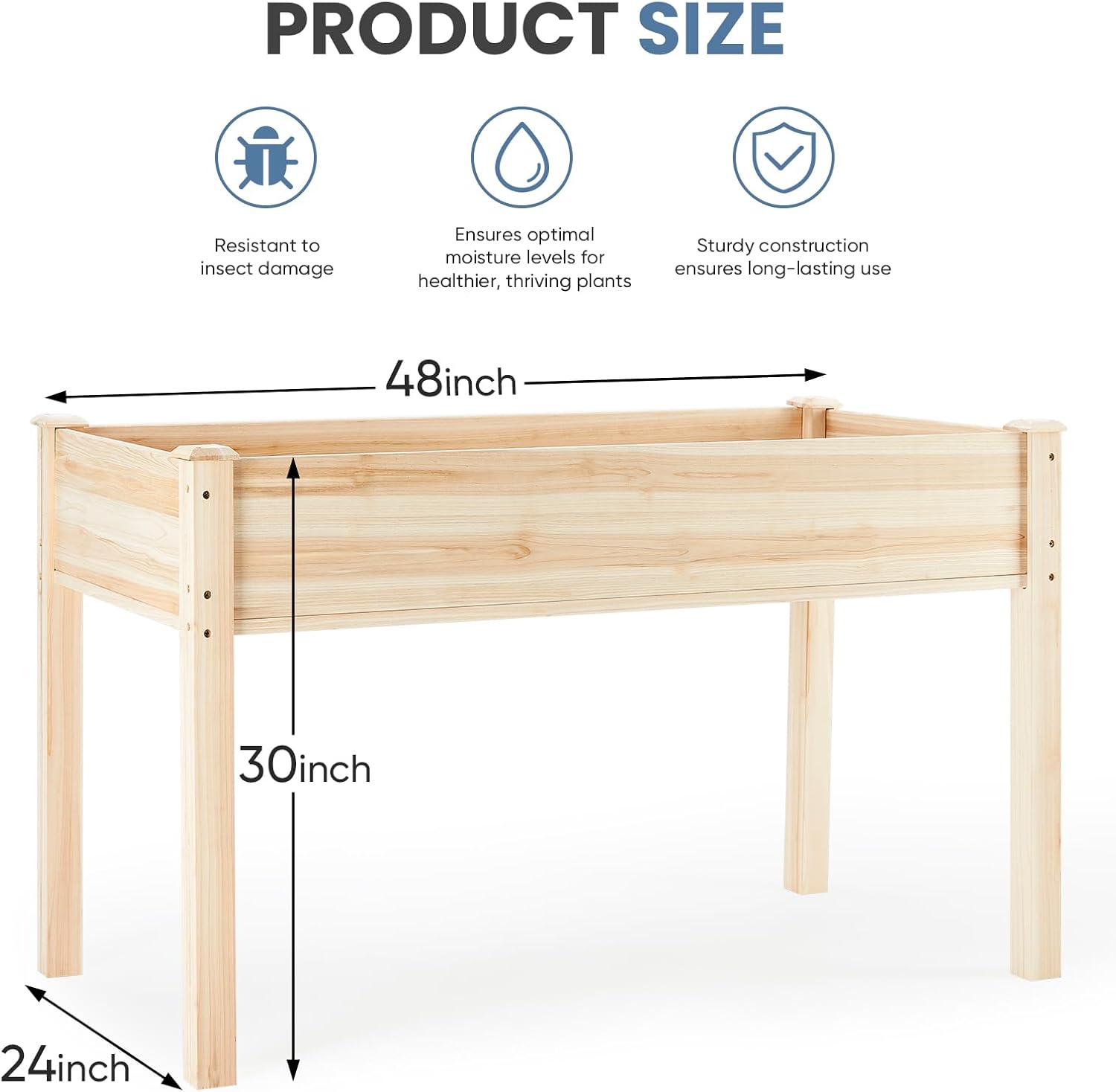 DUMOS Raised Garden Bed with Legs, 48x24x30in Wood Elevated Planter Box w/Bed Liner for Herbs Flowers Vegetables, 300lbs Capacity Outdoor Gardening Planters for Patio Balcony Backyard, Natural Wood