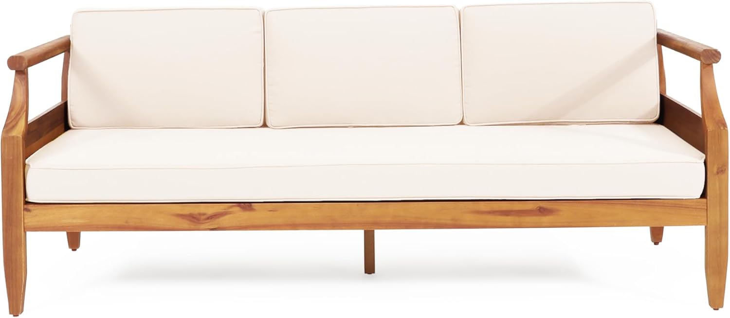 Christopher Knight Home Aston Outdoor 3 Seater Sofa, Upholstered Cushion Couch, Acacia Wood Bench Sofa, Slat Armchair, 73.25" W Spacious Seating Bench Couch for Gardern Porch Balcony, Teak+Beige
