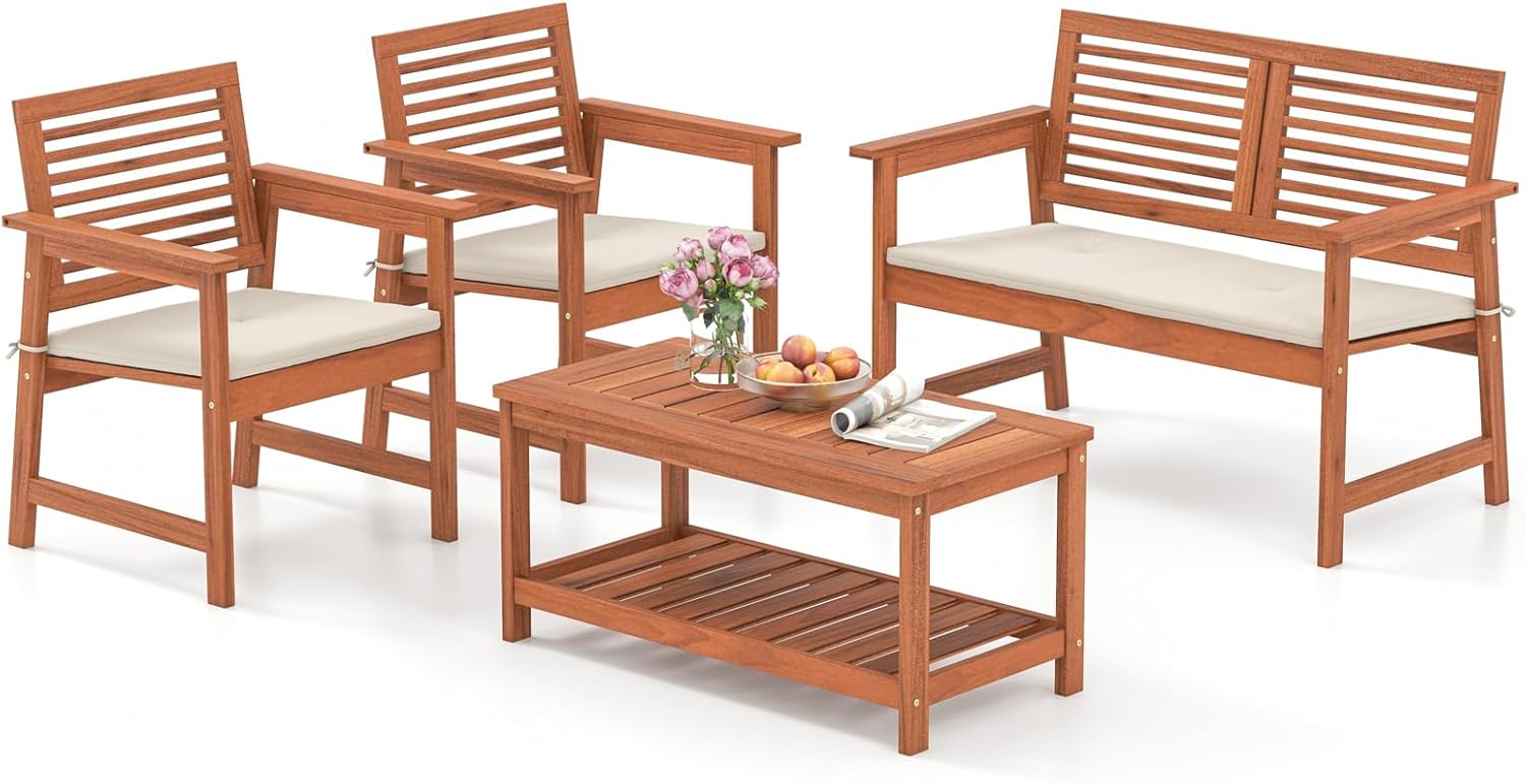Tangkula 4 Piece Outdoor Acacia Wood Sofa Set with Water Resistant Cushions, Padded Patio Conversation Table Chair Set w/Coffee Table for Garden, Backyard, Poolside (1)