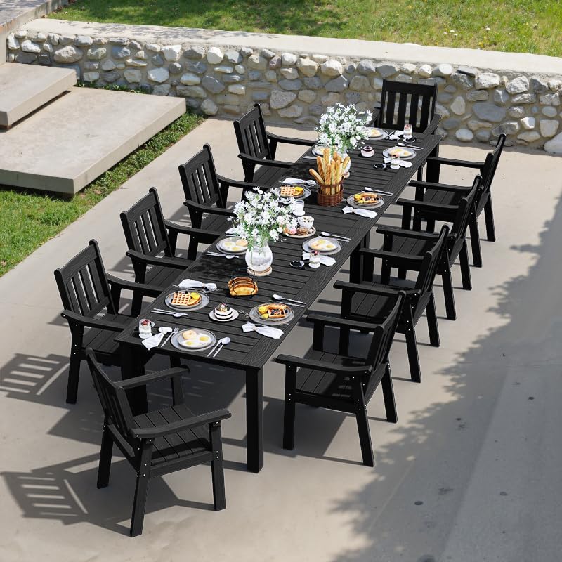 YEFU HIPS Patio Table Set: 7 Piece Outdoor Table and Chairs Dining Furniture Set with Umbrella Hole - Teak Modern Plastic Dining Sets 6 Person for Outside Deck with Metal Aluminum Frame