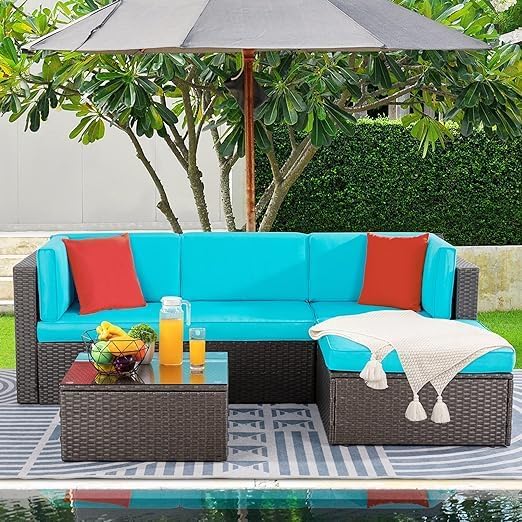 Shintenchi 6 Pieces Patio Furniture Sets Outdoor All-Weather Sectional Patio Sofa Set PE Rattan Manual Weaving Wicker Patio Conversation Set with Glass Table&Ottoman Cushion and Red Pillows, Blue