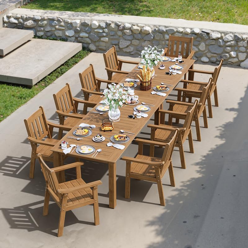 YEFU HIPS Patio Table Set: 7 Piece Outdoor Table and Chairs Dining Furniture Set with Umbrella Hole - Teak Modern Plastic Dining Sets 6 Person for Outside Deck with Metal Aluminum Frame