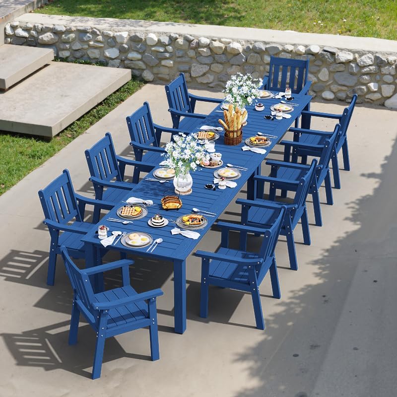 YEFU HIPS Patio Table Set: 7 Piece Outdoor Table and Chairs Dining Furniture Set with Umbrella Hole - Teak Modern Plastic Dining Sets 6 Person for Outside Deck with Metal Aluminum Frame