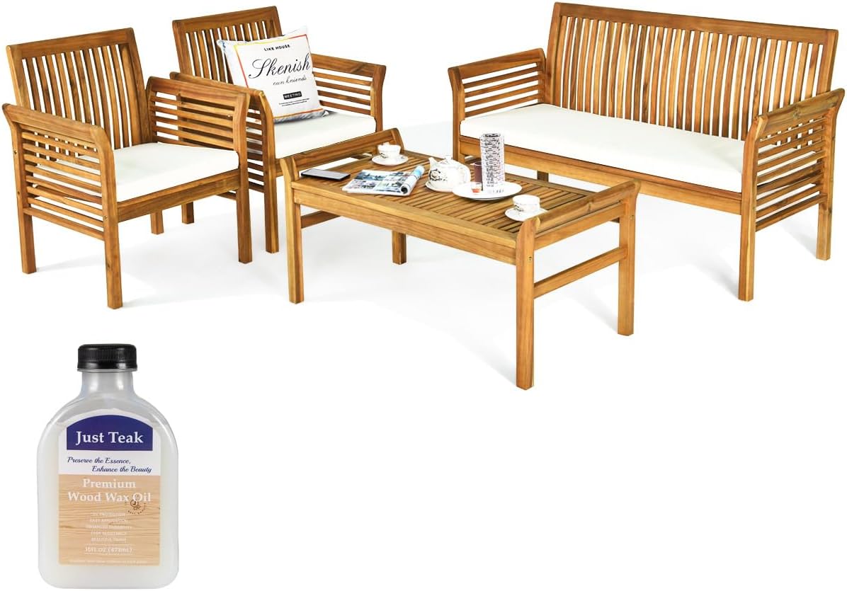 Tangkula 4 Piece Outdoor Acacia Wood Sofa Set with Water Resistant Cushions, Padded Patio Conversation Table Chair Set w/Coffee Table for Garden, Backyard, Poolside (1)