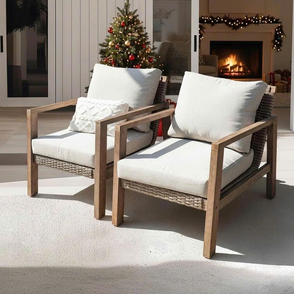 IDZO, Percy Chairs Heavy Duty 400lbs Capacity Set of 2 w/Cushion, FSC Acacia Outdoor Furniture, Teak Finish, Fully Assembled, Wood Folding_Beige