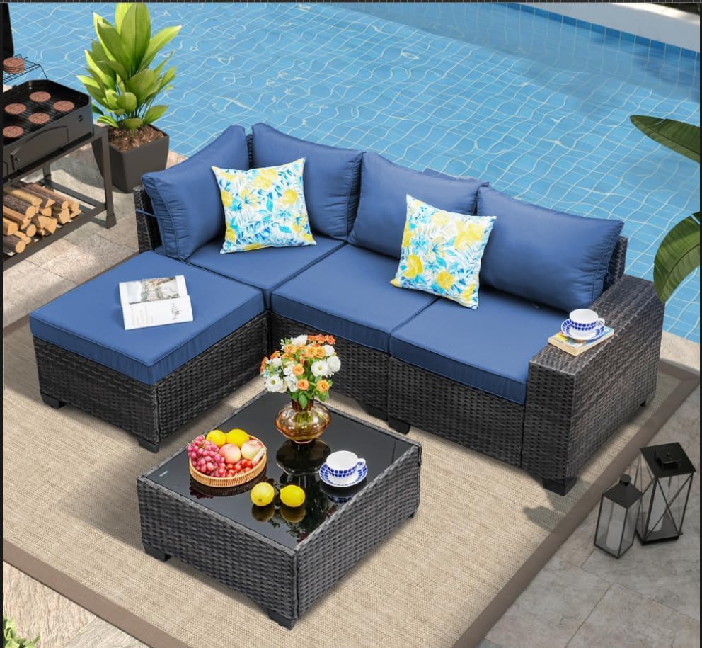 5 Pieces Outdoor Patio Furniture Set, Wicker Conversation Sets with Tea Table, Rattan Patio Sofa with Thick Cushions for Garden, Backyard, Poolside, Party, Beige