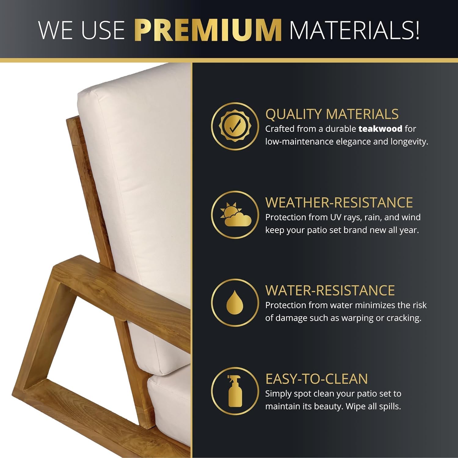 4-Piece Deep Seating Teak Wood Patio Furniture Set, Acacia Wood Outdoor Conversation Sofa Set with Cushioned Loveseat, Armchairs and Coffee Table for Garden, Deck, Backyard