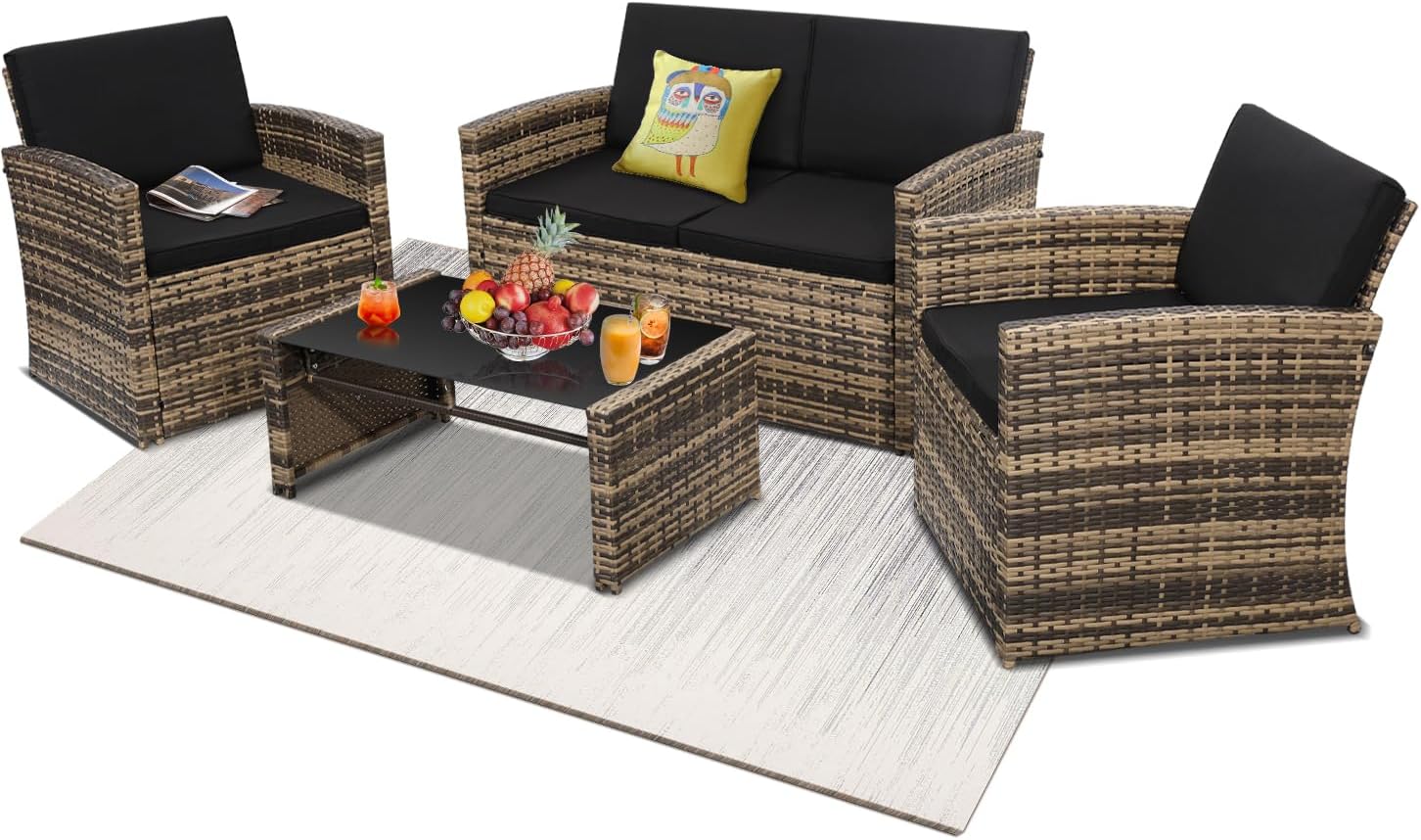 8 Pieces Outdoor Wicker Rattan Patio Furniture Sectional Set, Glass Top Table with Hidden Storage, 7 Sofa Sections, Oversized Cushions, Natural Color Rattan with Black Cushion