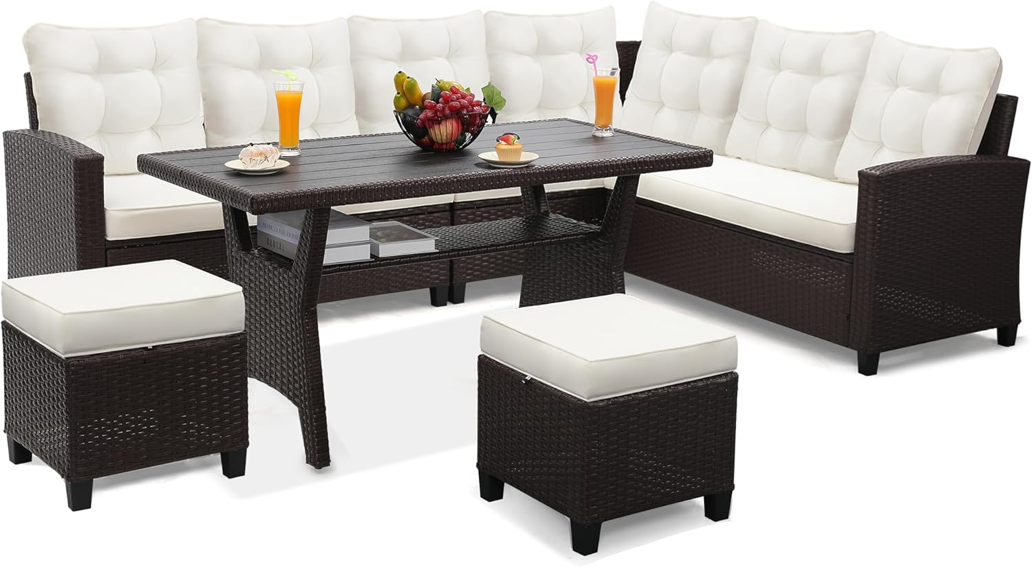 8 Pieces Outdoor Wicker Rattan Patio Furniture Sectional Set, Glass Top Table with Hidden Storage, 7 Sofa Sections, Oversized Cushions, Natural Color Rattan with Black Cushion