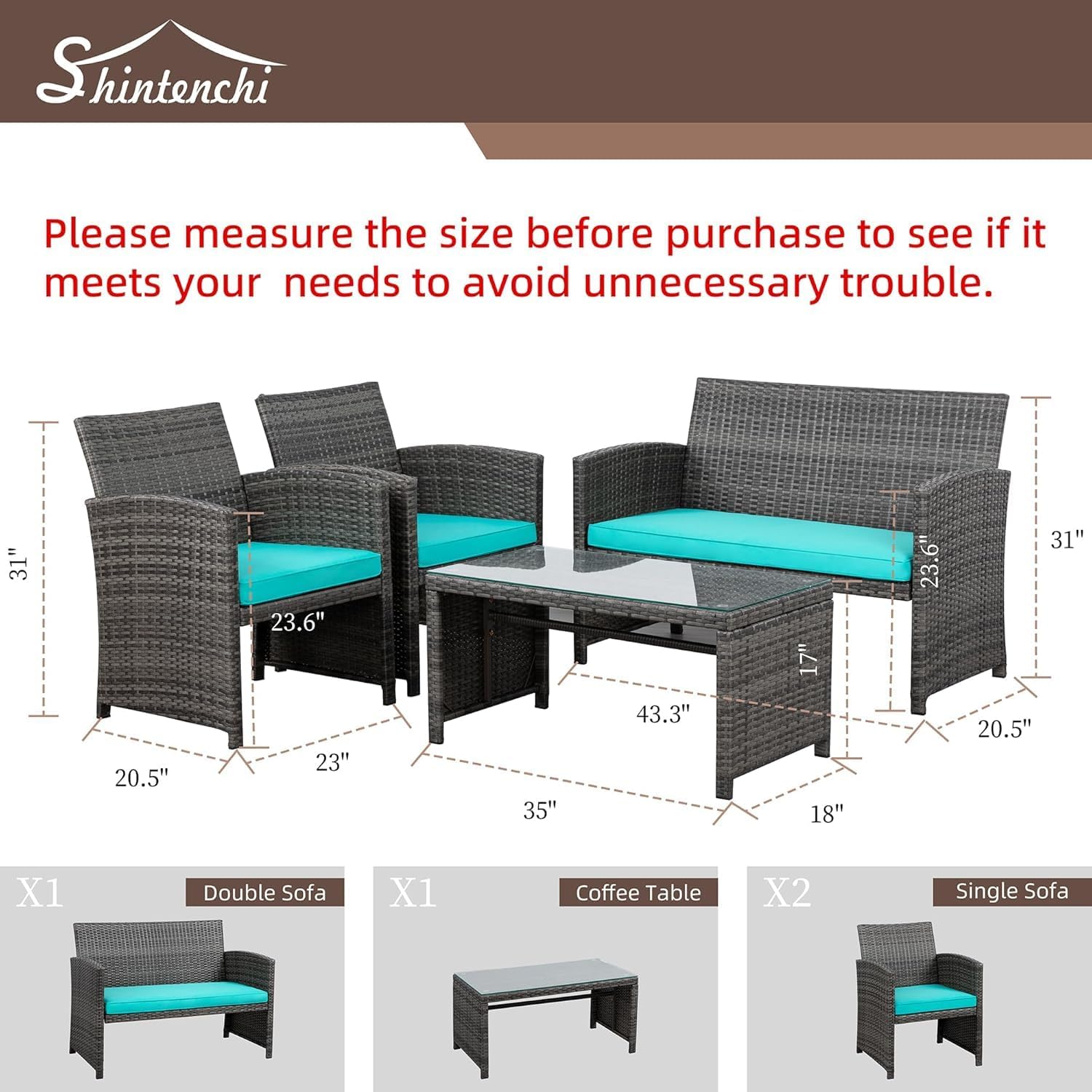 4 Piece Patio Ratten Set Outdoor Furniture Set Wicker Conversation Set with Cushions and Tempered Glass Tabletop,Blue