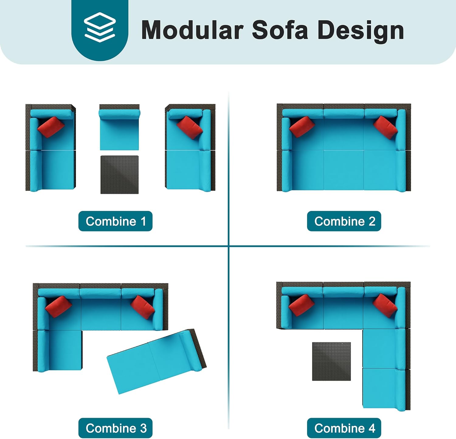 Shintenchi 6 Pieces Patio Furniture Sets Outdoor All-Weather Sectional Patio Sofa Set PE Rattan Manual Weaving Wicker Patio Conversation Set with Glass Table&Ottoman Cushion and Red Pillows, Blue