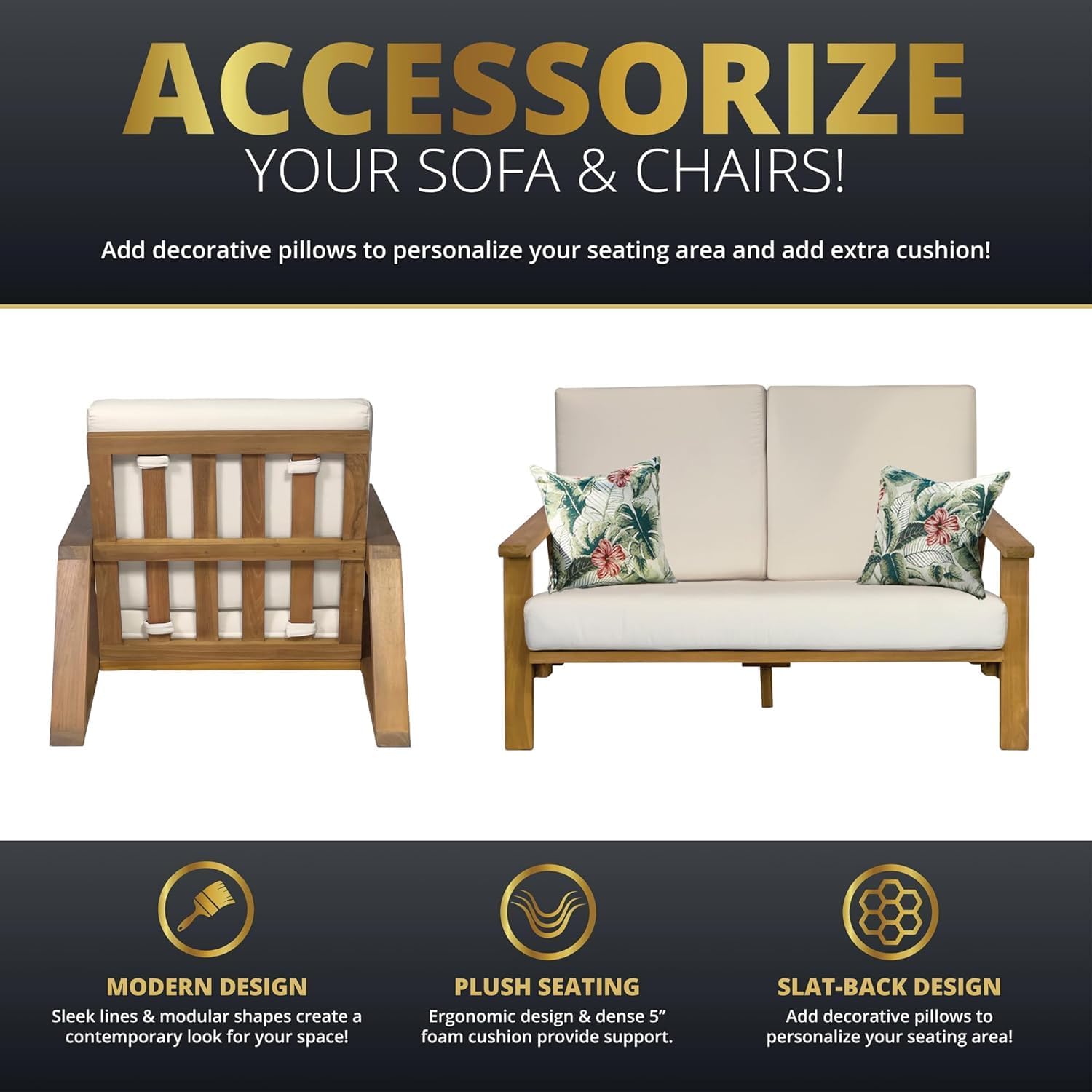 4-Piece Deep Seating Teak Wood Patio Furniture Set, Acacia Wood Outdoor Conversation Sofa Set with Cushioned Loveseat, Armchairs and Coffee Table for Garden, Deck, Backyard