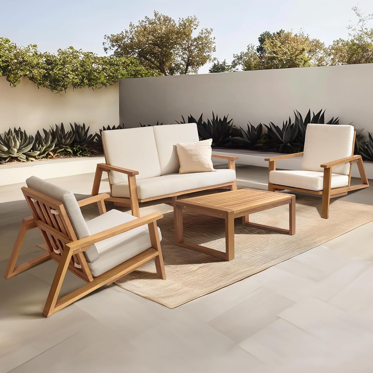 4-Piece Deep Seating Teak Wood Patio Furniture Set, Acacia Wood Outdoor Conversation Sofa Set with Cushioned Loveseat, Armchairs and Coffee Table for Garden, Deck, Backyard