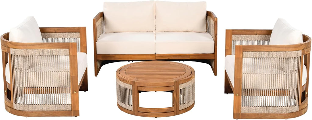 4-Piece Patio Conversation Set, All Weather Sectional Sofa Set w/ 2 Chairs, Loveseat & Table Premium, Acacia Wood Outdoor Furniture Set with Woven Rope Accents and Cushions (Teak+Beige)