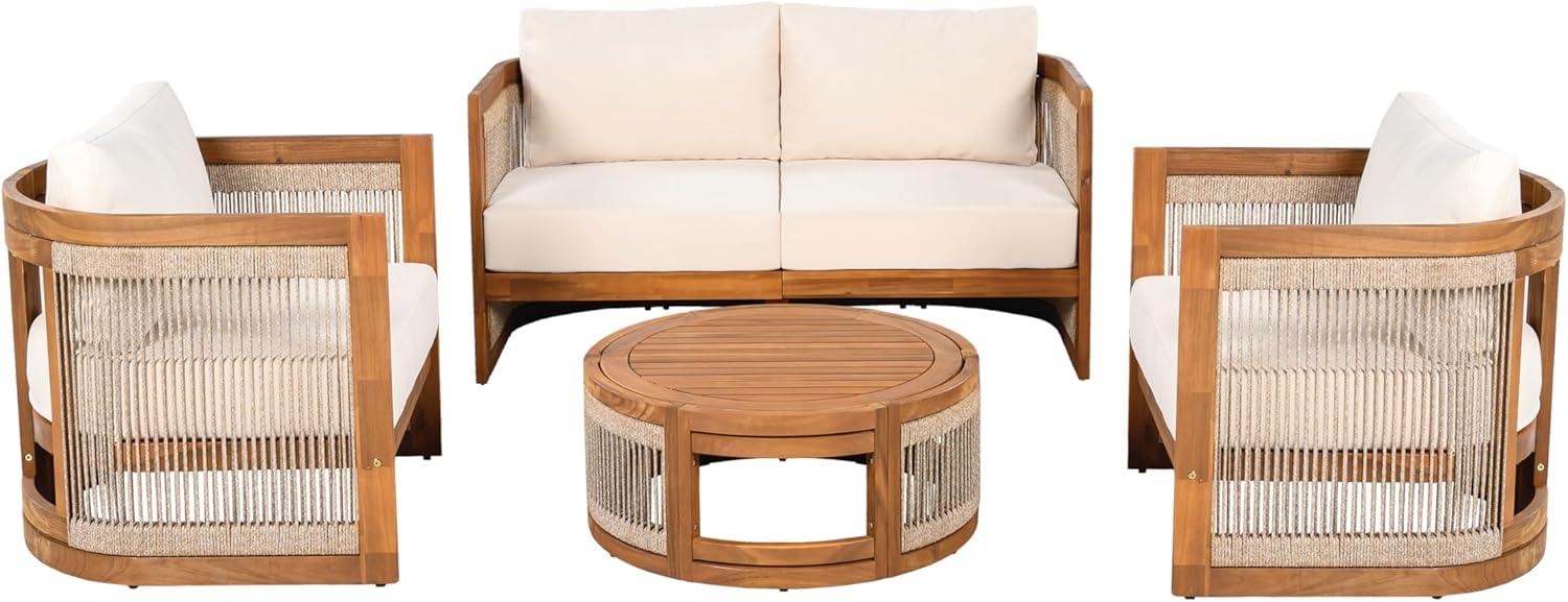 4-Piece Patio Conversation Set, All Weather Sectional Sofa Set w/ 2 Chairs, Loveseat & Table Premium, Acacia Wood Outdoor Furniture Set with Woven Rope Accents and Cushions (Teak+Beige)