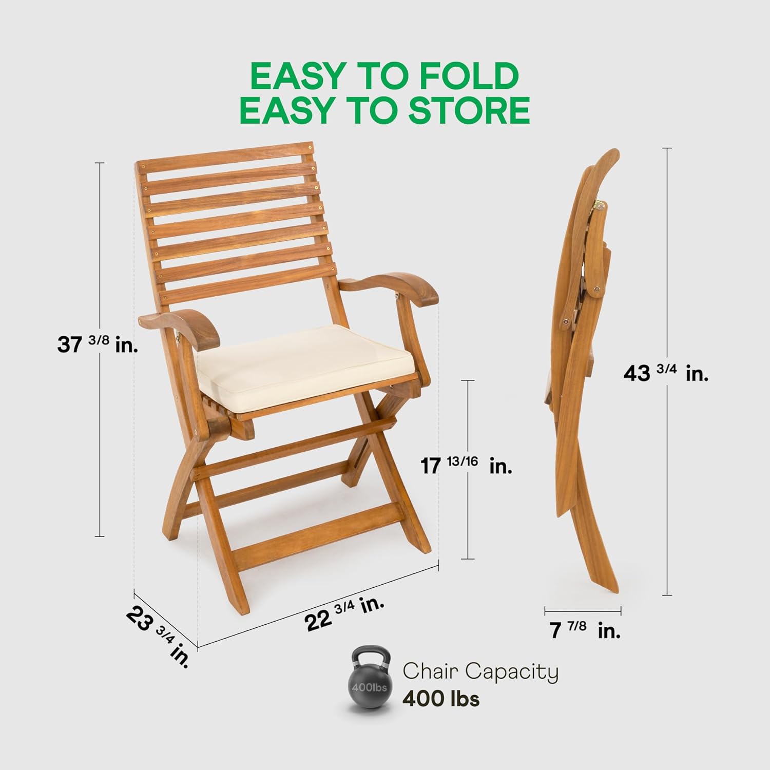 IDZO, Percy Chairs Heavy Duty 400lbs Capacity Set of 2 w/Cushion, FSC Acacia Outdoor Furniture, Teak Finish, Fully Assembled, Wood Folding_Beige