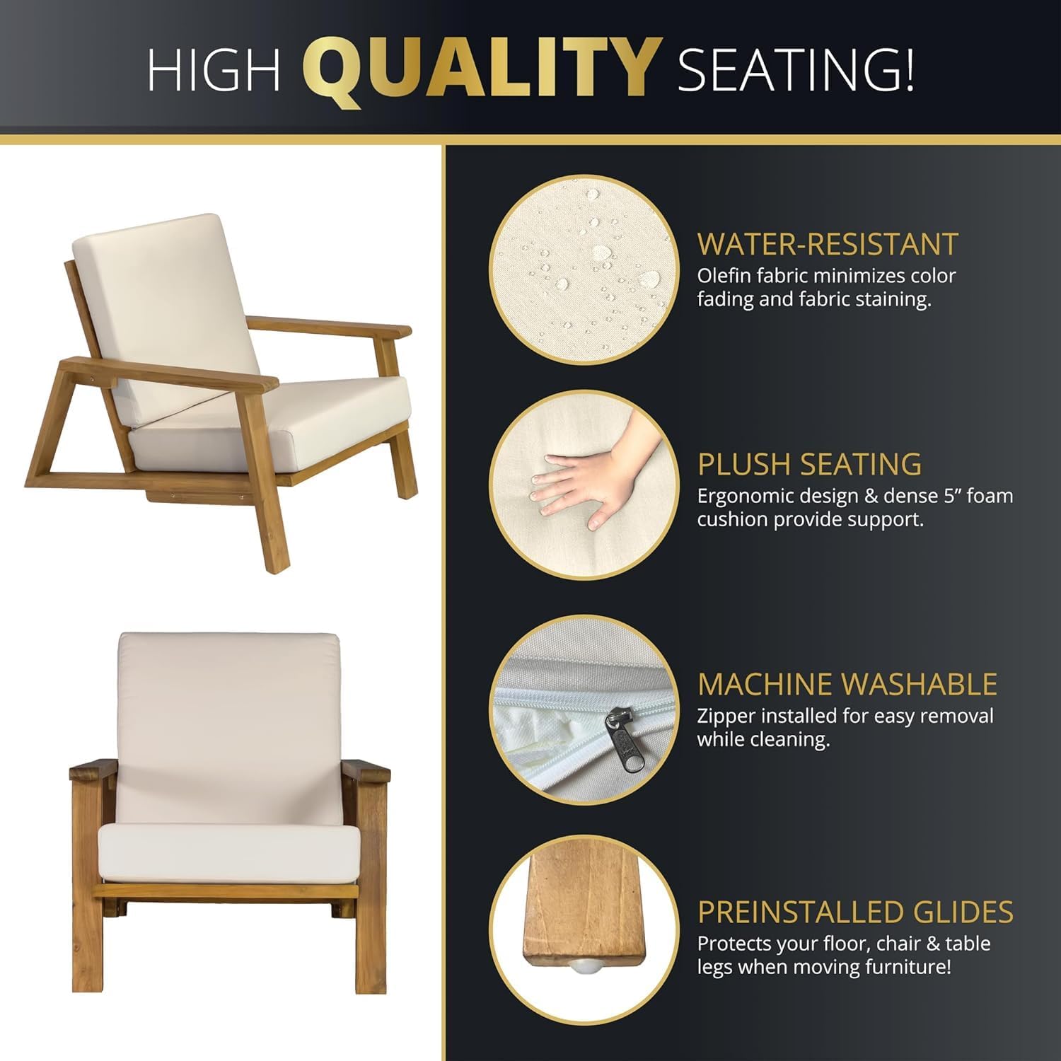 4-Piece Deep Seating Teak Wood Patio Furniture Set, Acacia Wood Outdoor Conversation Sofa Set with Cushioned Loveseat, Armchairs and Coffee Table for Garden, Deck, Backyard