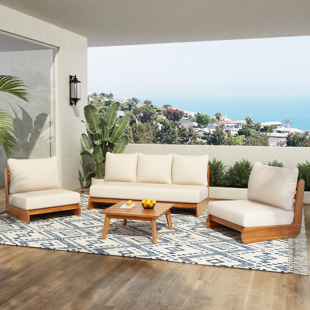 4-Piece Patio Conversation Set, All Weather Sectional Sofa Set w/ 2 Chairs, Loveseat & Table Premium, Acacia Wood Outdoor Furniture Set with Woven Rope Accents and Cushions (Teak+Beige)