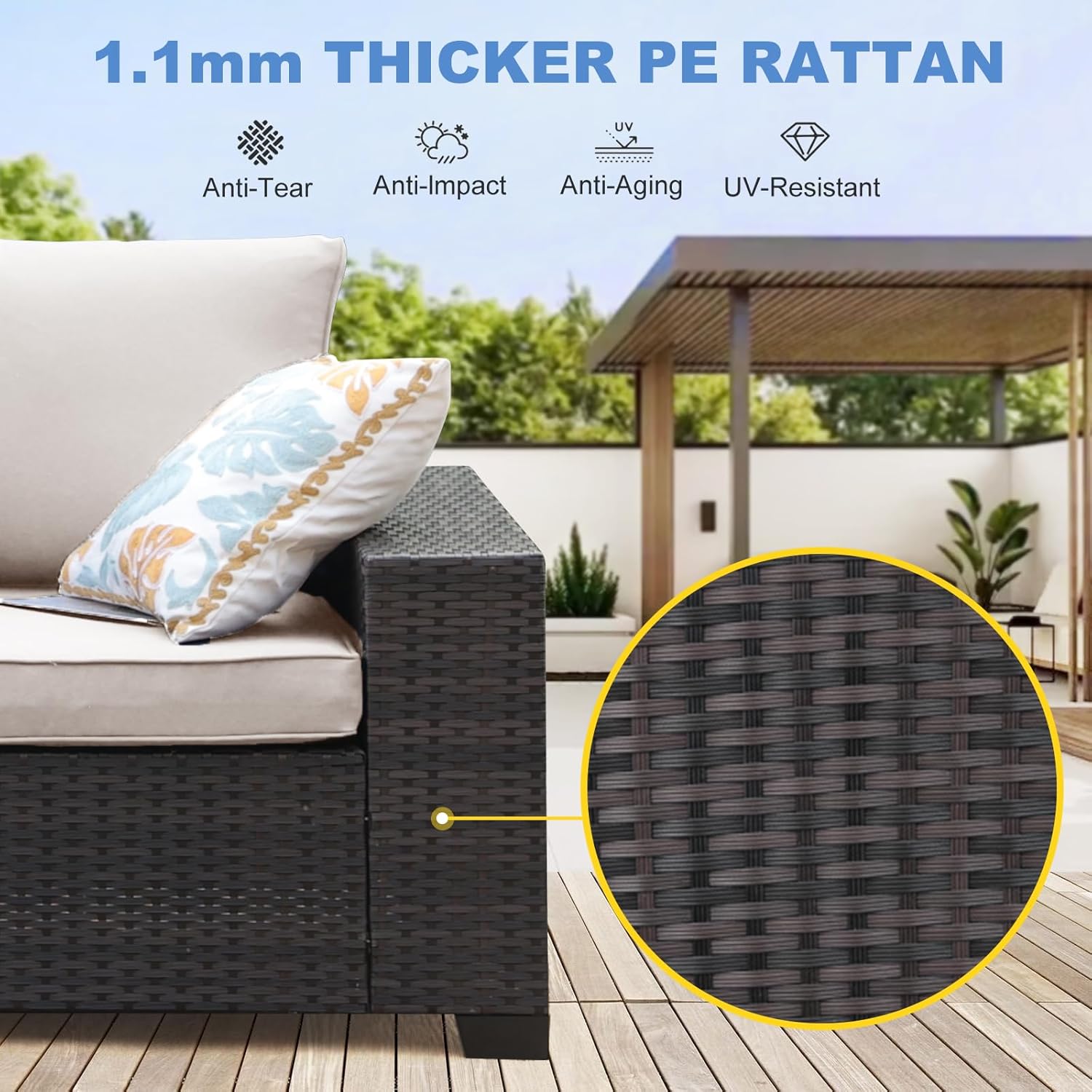 5 Pieces Outdoor Patio Furniture Set, Wicker Conversation Sets with Tea Table, Rattan Patio Sofa with Thick Cushions for Garden, Backyard, Poolside, Party, Beige