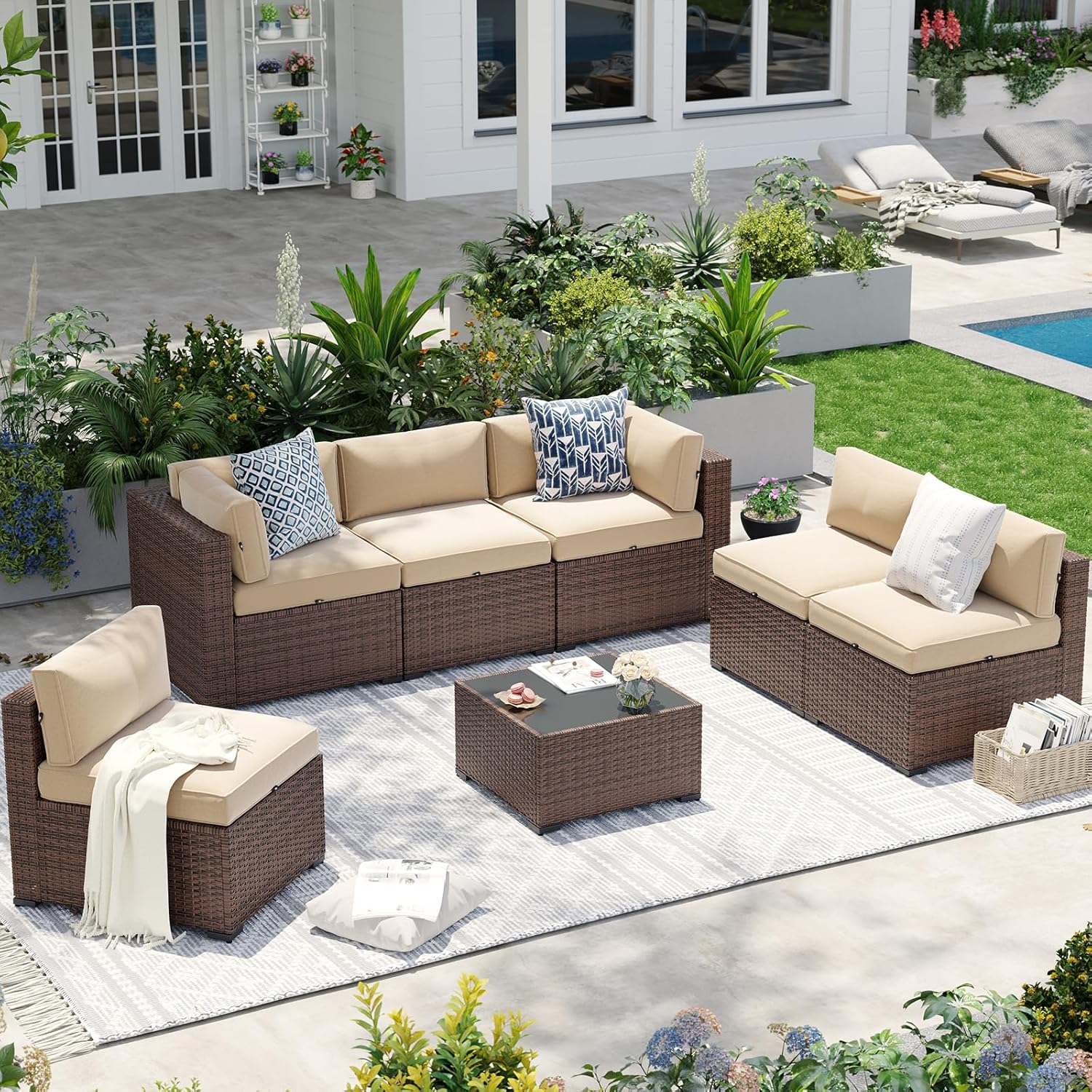 Aoxun Patio Furniture Sets, 7-Piece Outdoor Patio Furniture with Thick Cushions, Wicker Outdoor Conversation Set Sectional Sofa for Backyard, Poolside, Garden