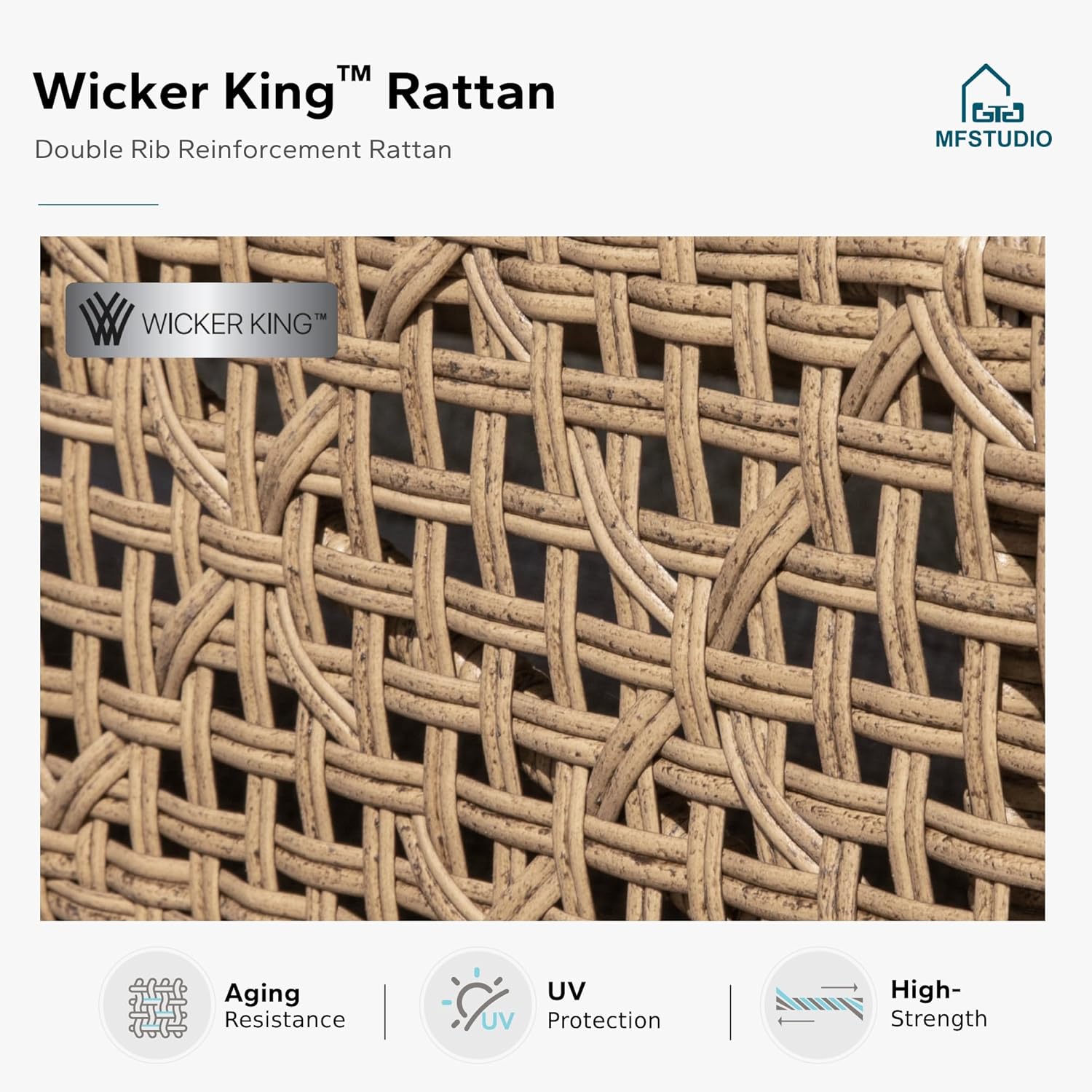 MFSTUDIO L Shaped Outdoor Couch Set, Wicker Patio Furniture Set, Rattan Outdoor Sectional Sofa with Acacia Wood Coffee Table, 3 Pieces Small Patio Conversation Set for Backyard, Beige