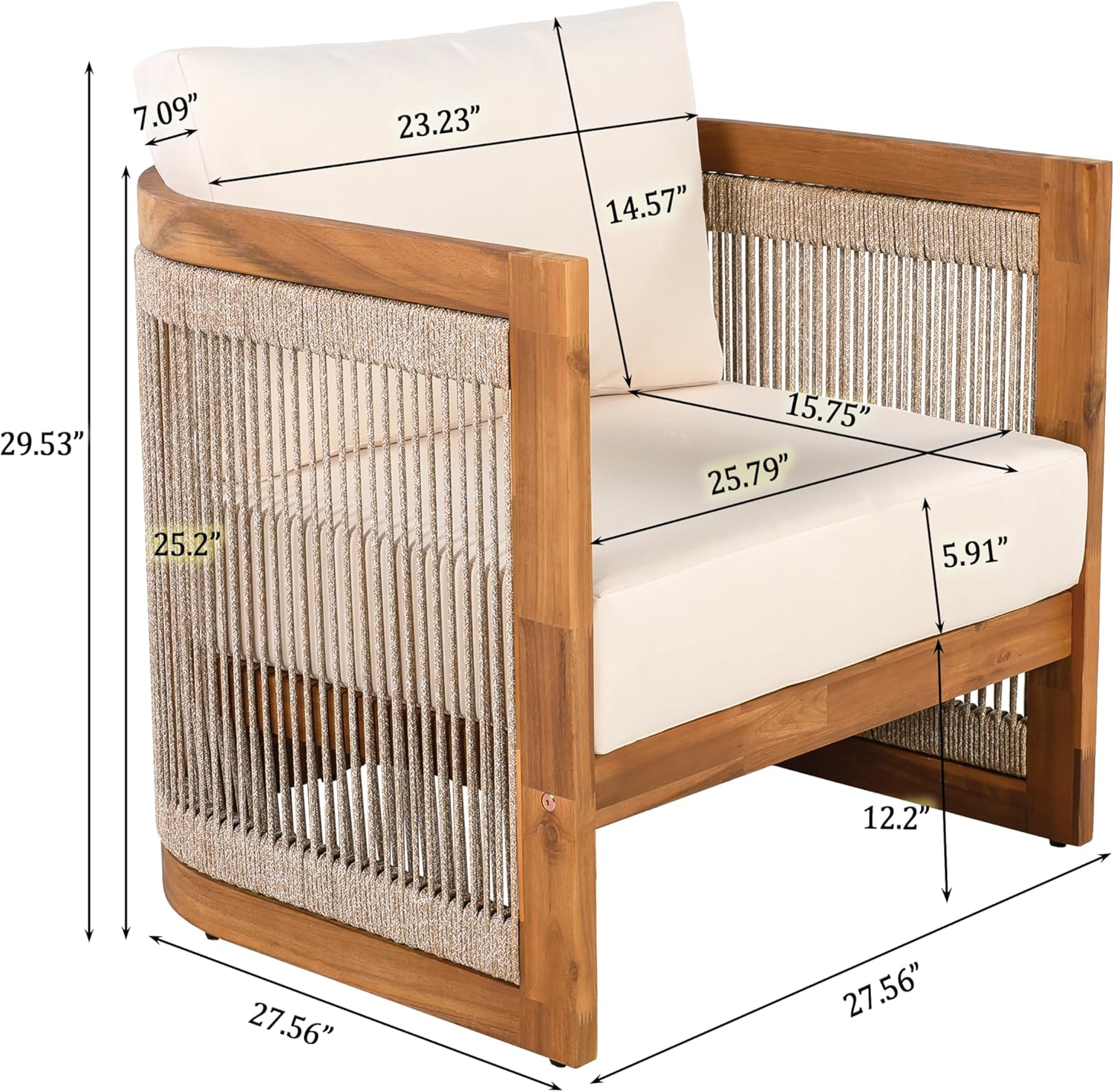 4-Piece Patio Conversation Set, All Weather Sectional Sofa Set w/ 2 Chairs, Loveseat & Table Premium, Acacia Wood Outdoor Furniture Set with Woven Rope Accents and Cushions (Teak+Beige)