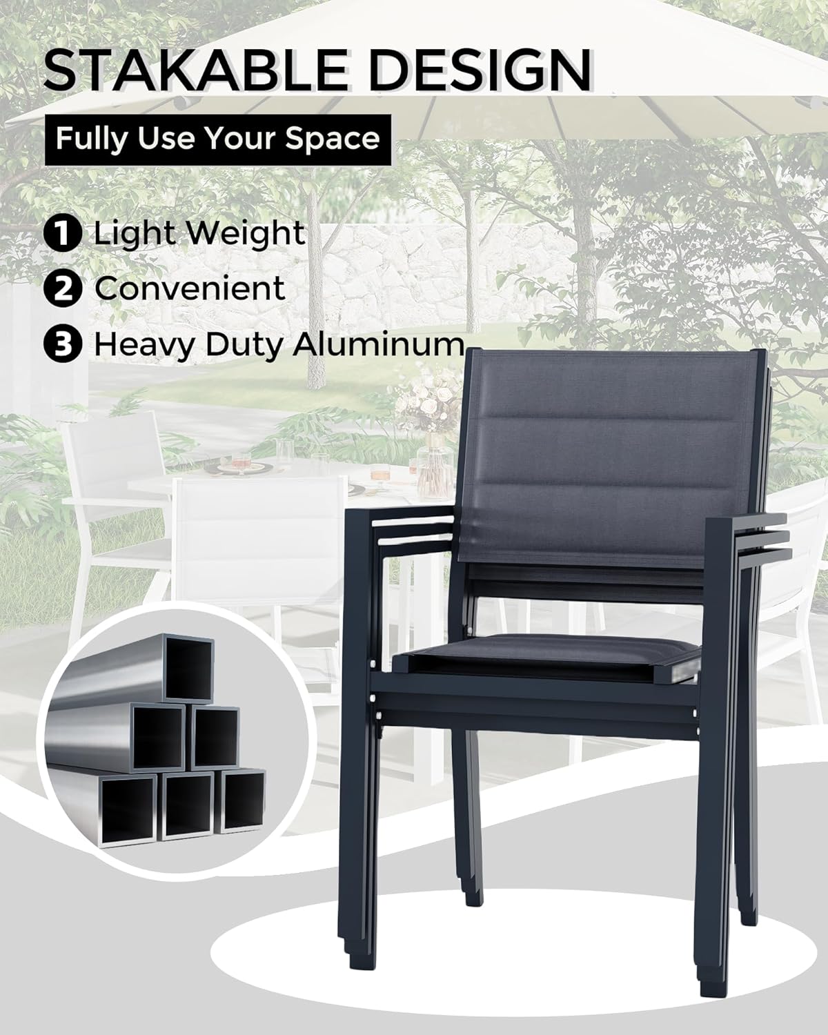 GAOMON 4 Piece Aluminum Patio Stackable Dining Chairs Set, Outdoor Metal Lightweight Stacking Dining Chair with Textilene Fabric, for Backyard Lawn Deck Poolside Porch Bistro, Dark Grey