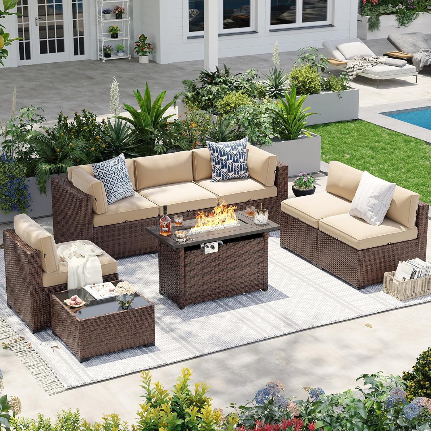 Aoxun Patio Furniture Sets, 7-Piece Outdoor Patio Furniture with Thick Cushions, Wicker Outdoor Conversation Set Sectional Sofa for Backyard, Poolside, Garden