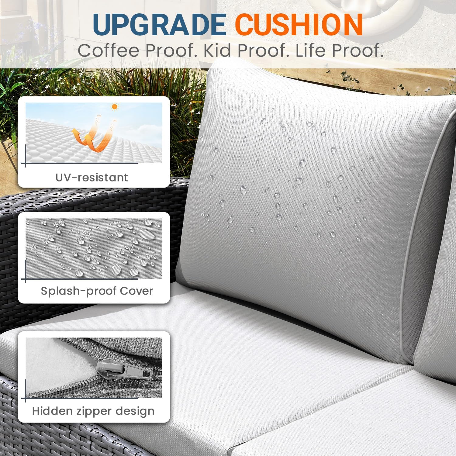 Wisteria Lane 4 Piece Patio Furniture Set, Wicker Outdoor Patio Conversation Furniture Set, All Weather Outdoor Patio Sofa with Cushion and Glass Table, Ash Gray