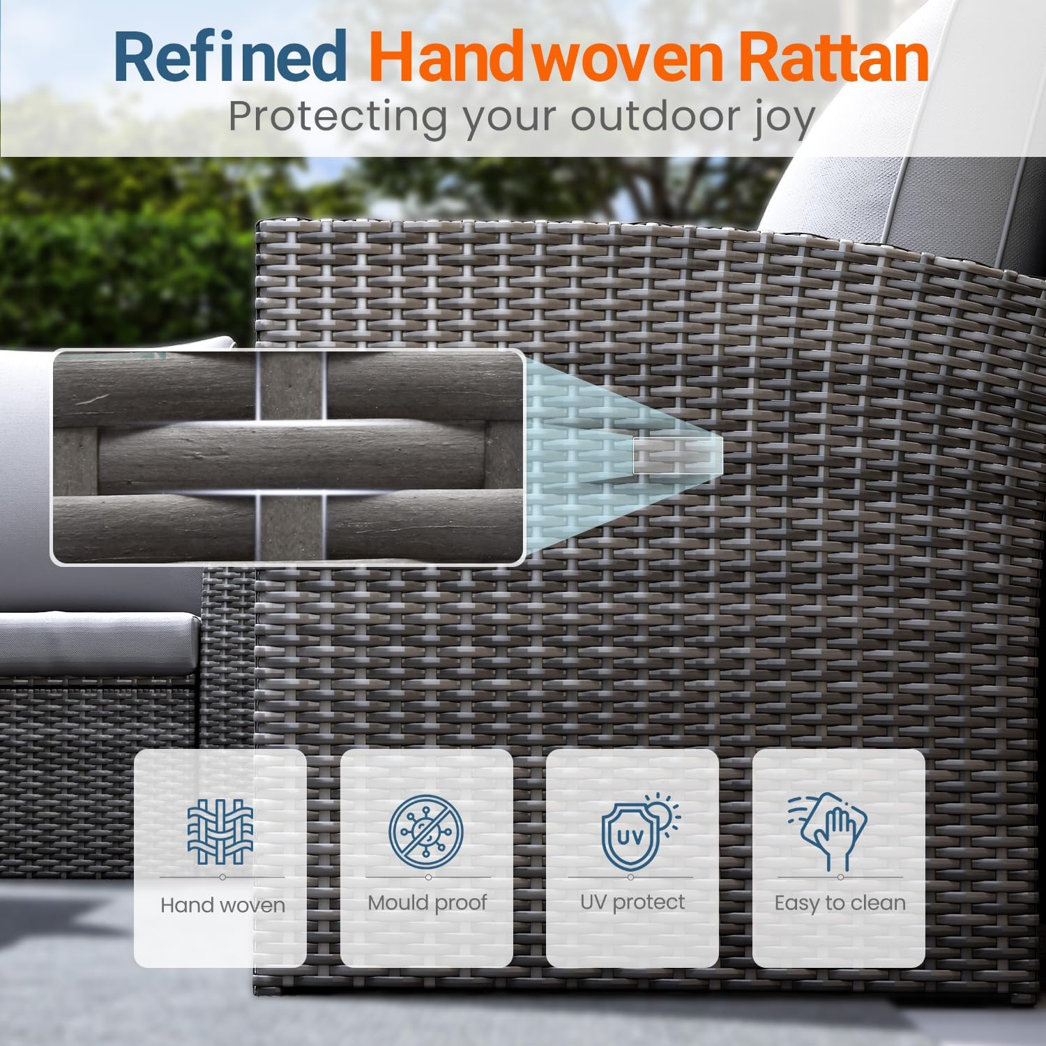 Wisteria Lane 4 Piece Patio Furniture Set, Wicker Outdoor Patio Conversation Furniture Set, All Weather Outdoor Patio Sofa with Cushion and Glass Table, Ash Gray