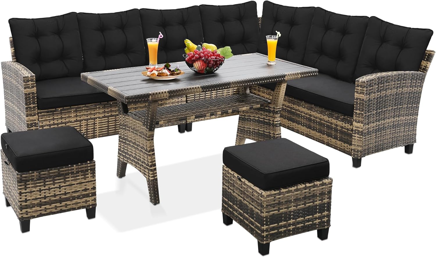 8 Pieces Outdoor Wicker Rattan Patio Furniture Sectional Set, Glass Top Table with Hidden Storage, 7 Sofa Sections, Oversized Cushions, Natural Color Rattan with Black Cushion