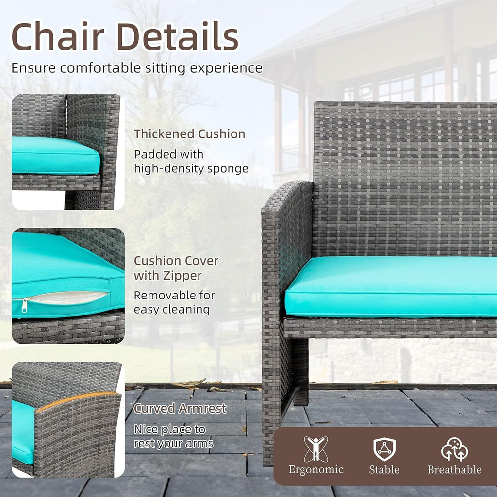 4 Piece Patio Ratten Set Outdoor Furniture Set Wicker Conversation Set with Cushions and Tempered Glass Tabletop,Blue