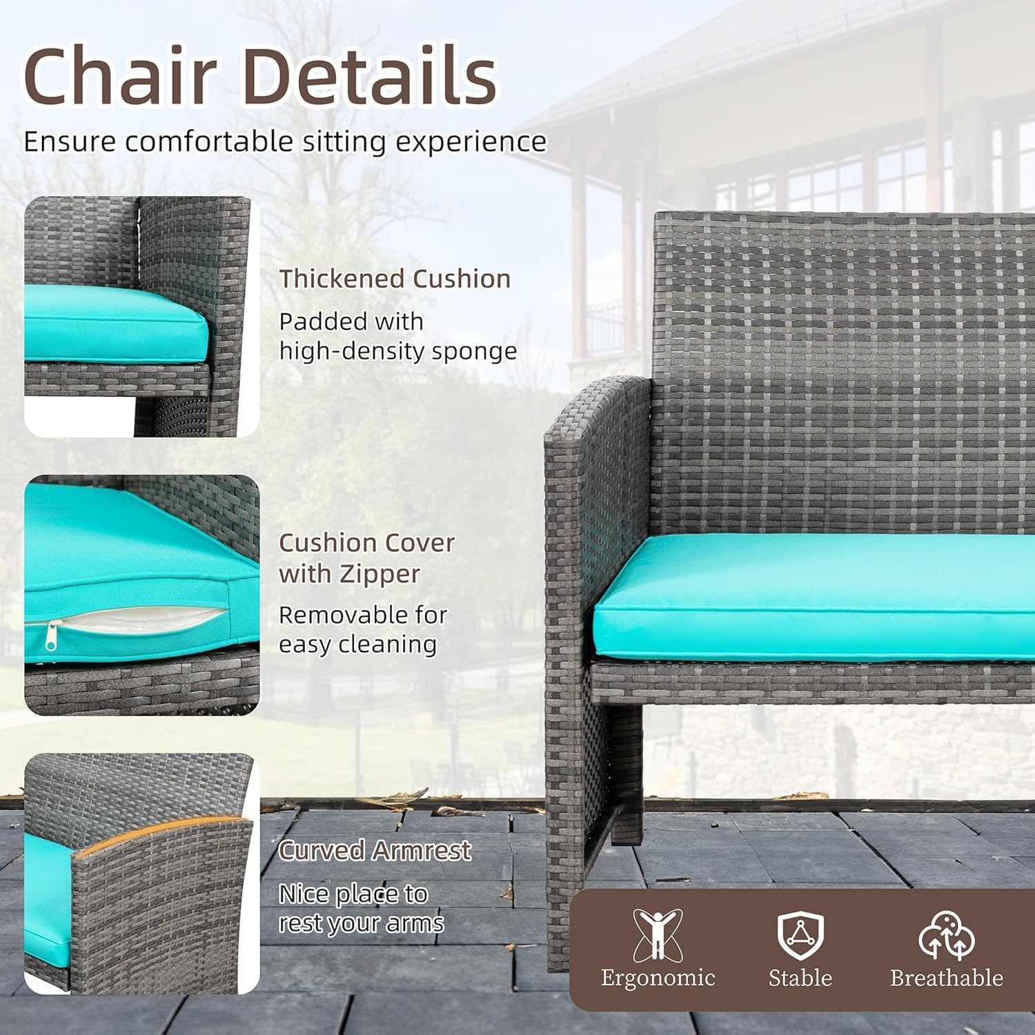 4 Piece Patio Ratten Set Outdoor Furniture Set Wicker Conversation Set with Cushions and Tempered Glass Tabletop,Blue