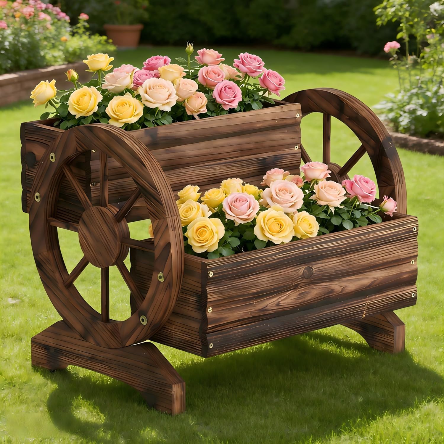 Wooden Wagon Planter Wooden Flower Cart with Wheels Outdoor Garden Planter, Decor Planter for Patio Balcony Decoration Succulent Flower Pot Flower Cart for Indoor Backyard Balcon (Carbonized)