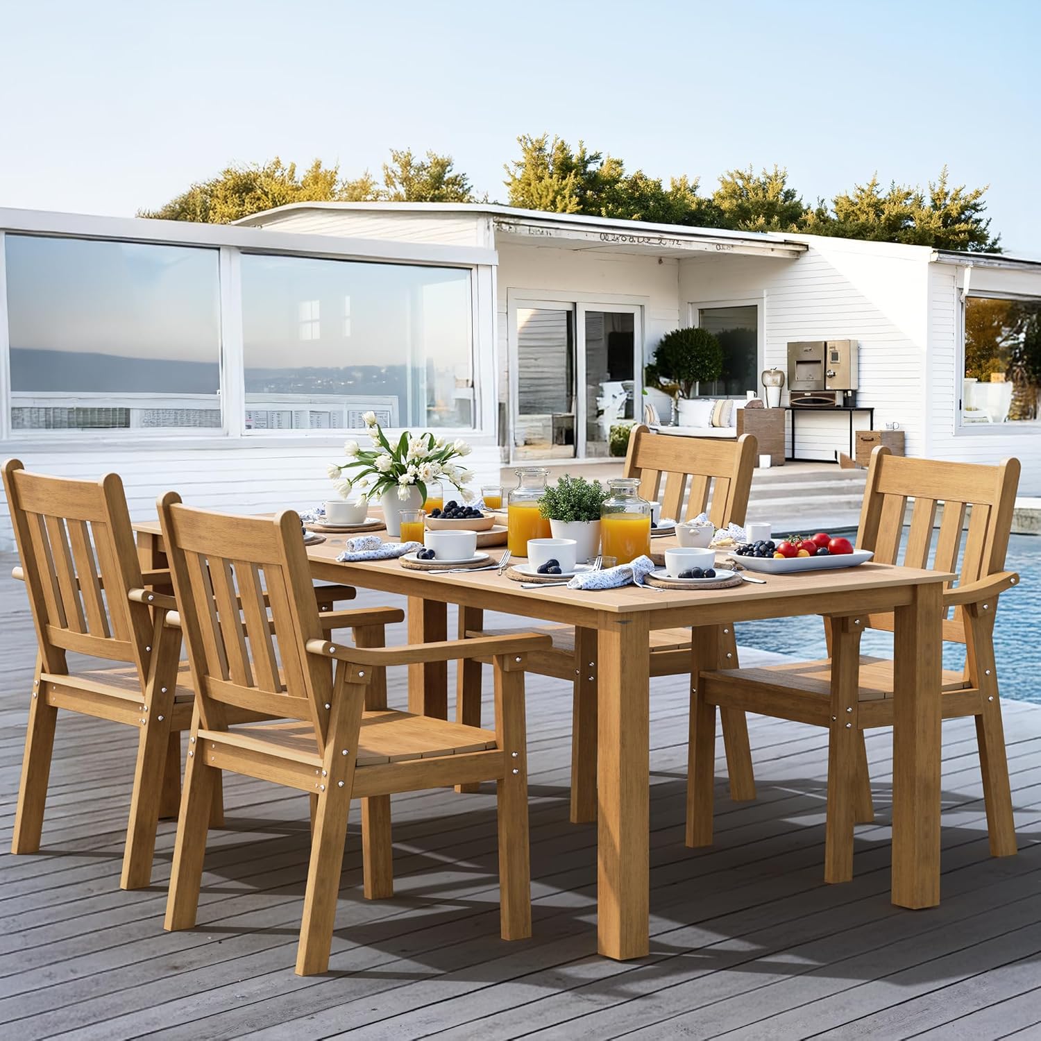 YEFU HIPS Patio Table Set: 7 Piece Outdoor Table and Chairs Dining Furniture Set with Umbrella Hole - Teak Modern Plastic Dining Sets 6 Person for Outside Deck with Metal Aluminum Frame