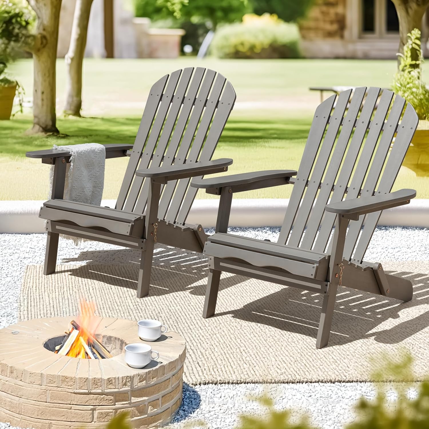 IDZO, Percy Chairs Heavy Duty 400lbs Capacity Set of 2 w/Cushion, FSC Acacia Outdoor Furniture, Teak Finish, Fully Assembled, Wood Folding_Beige