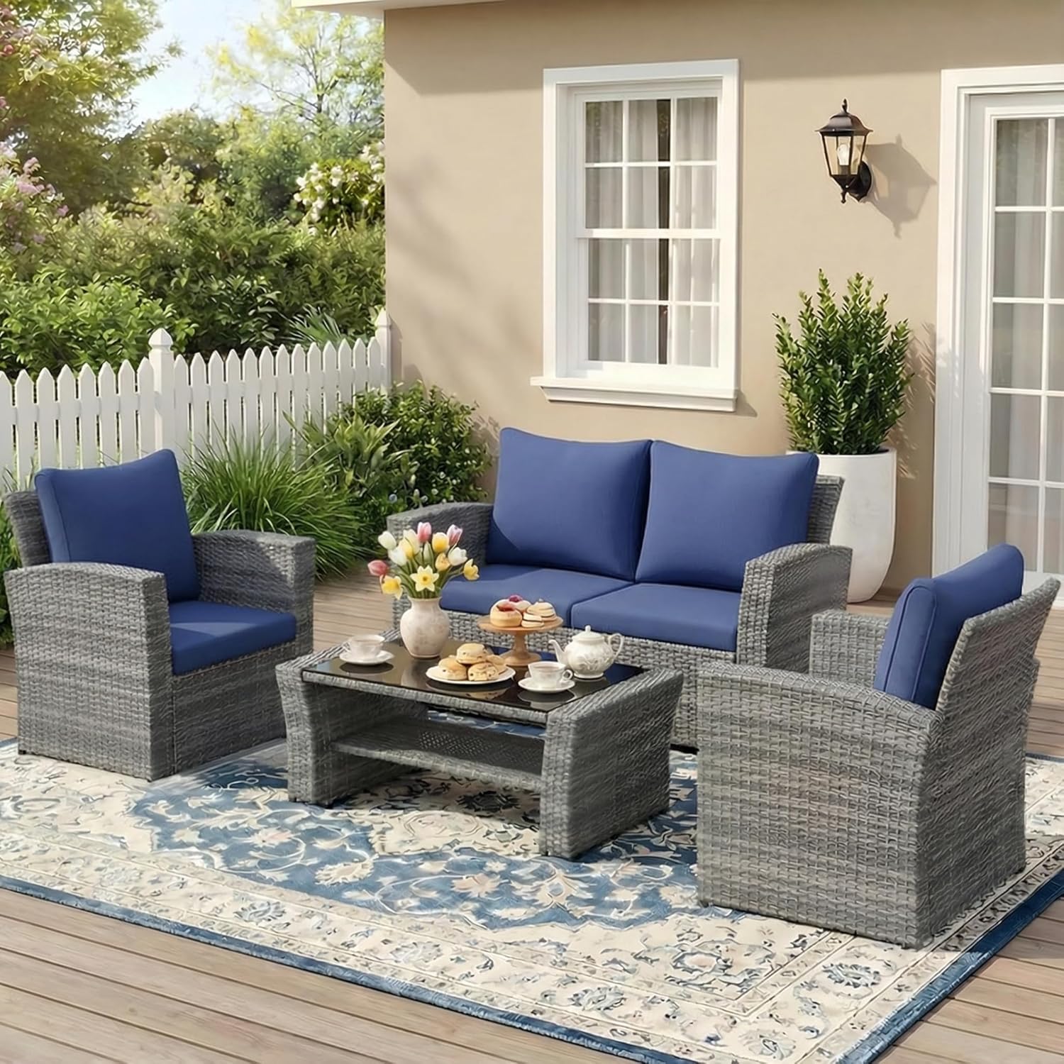 Wisteria Lane 4 Piece Patio Furniture Set, Wicker Outdoor Patio Conversation Furniture Set, All Weather Outdoor Patio Sofa with Cushion and Glass Table, Ash Gray