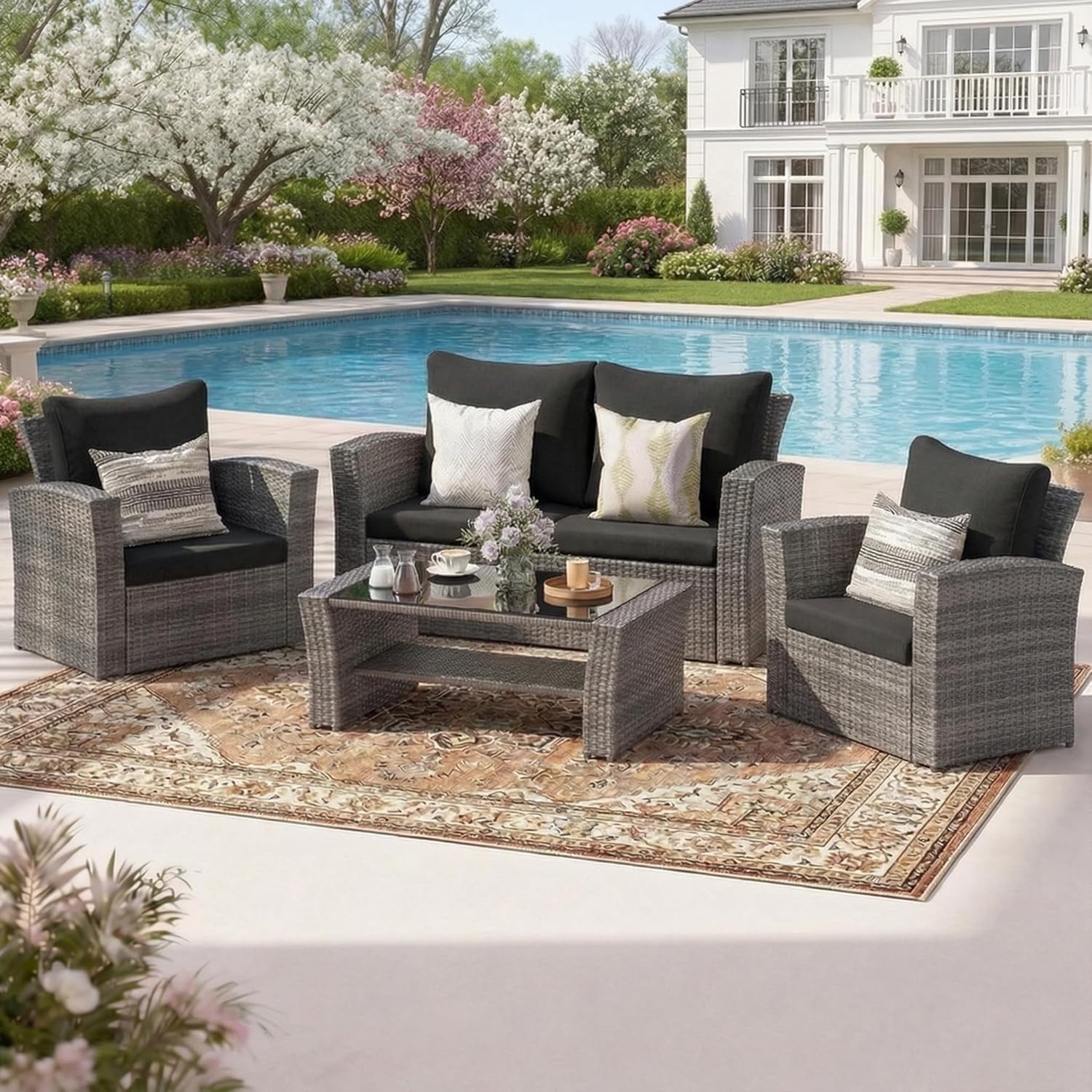 Wisteria Lane 4 Piece Patio Furniture Set, Wicker Outdoor Patio Conversation Furniture Set, All Weather Outdoor Patio Sofa with Cushion and Glass Table, Ash Gray
