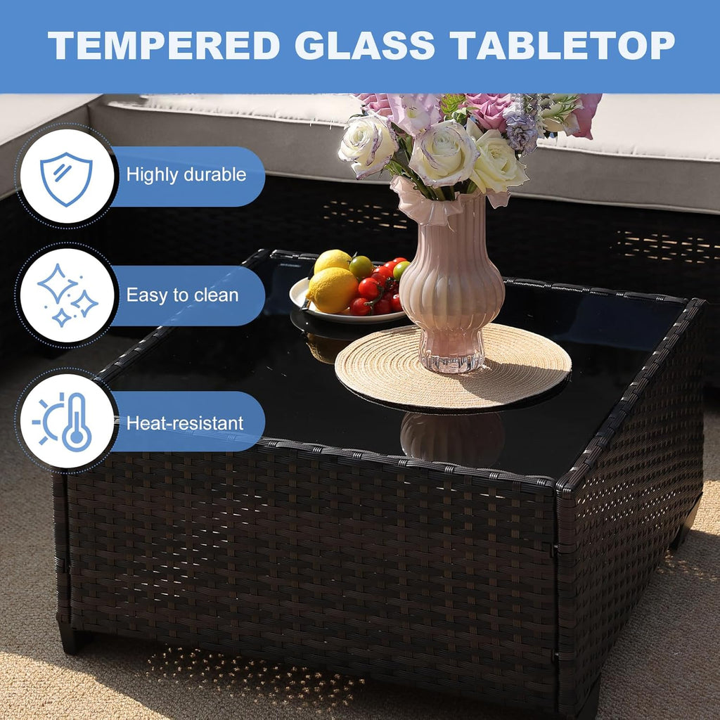 5 Pieces Outdoor Patio Furniture Set, Wicker Conversation Sets with Tea Table, Rattan Patio Sofa with Thick Cushions for Garden, Backyard, Poolside, Party, Beige