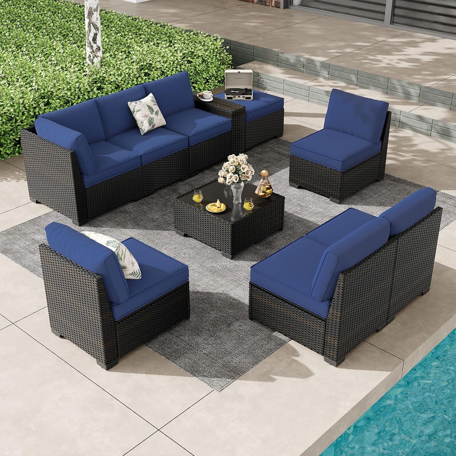 5 Pieces Outdoor Patio Furniture Set, Wicker Conversation Sets with Tea Table, Rattan Patio Sofa with Thick Cushions for Garden, Backyard, Poolside, Party, Beige