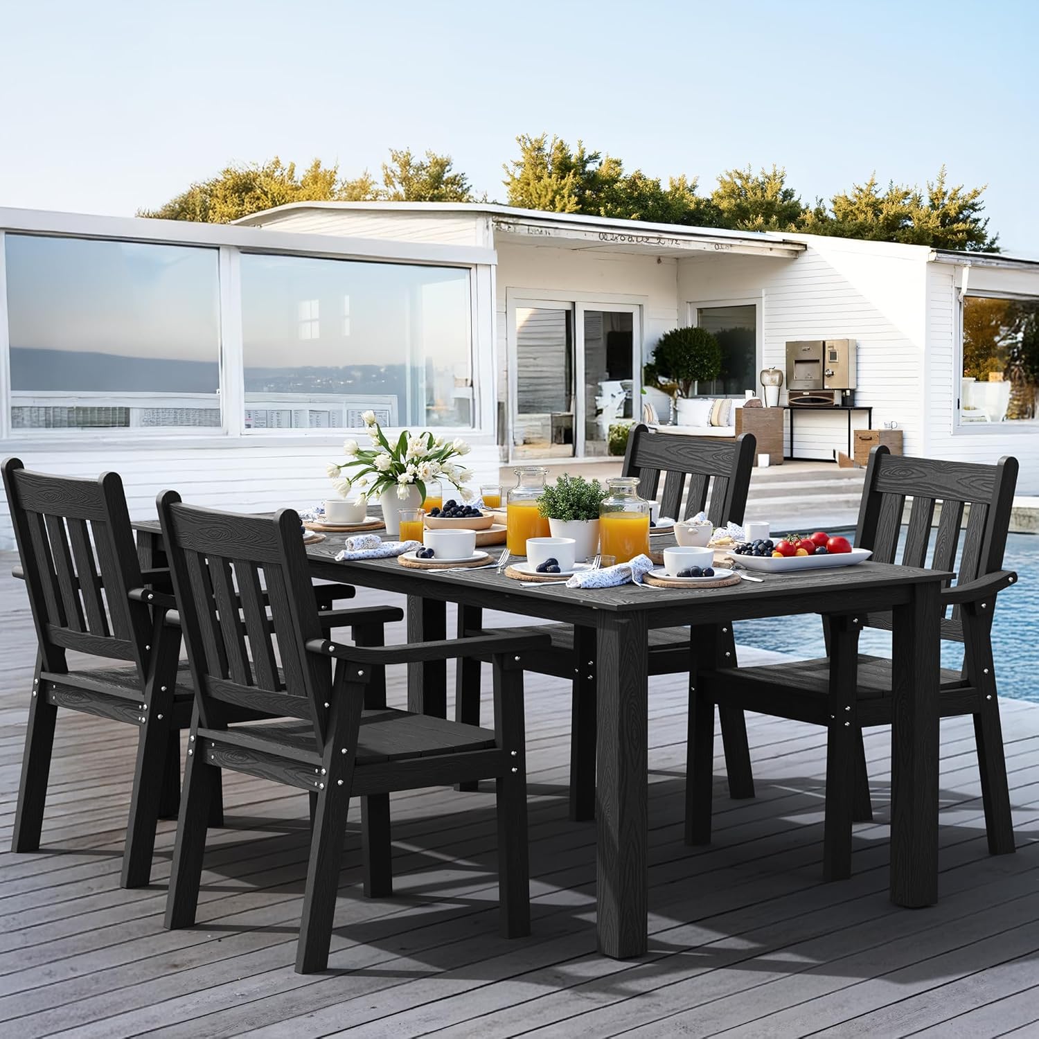YEFU HIPS Patio Table Set: 7 Piece Outdoor Table and Chairs Dining Furniture Set with Umbrella Hole - Teak Modern Plastic Dining Sets 6 Person for Outside Deck with Metal Aluminum Frame