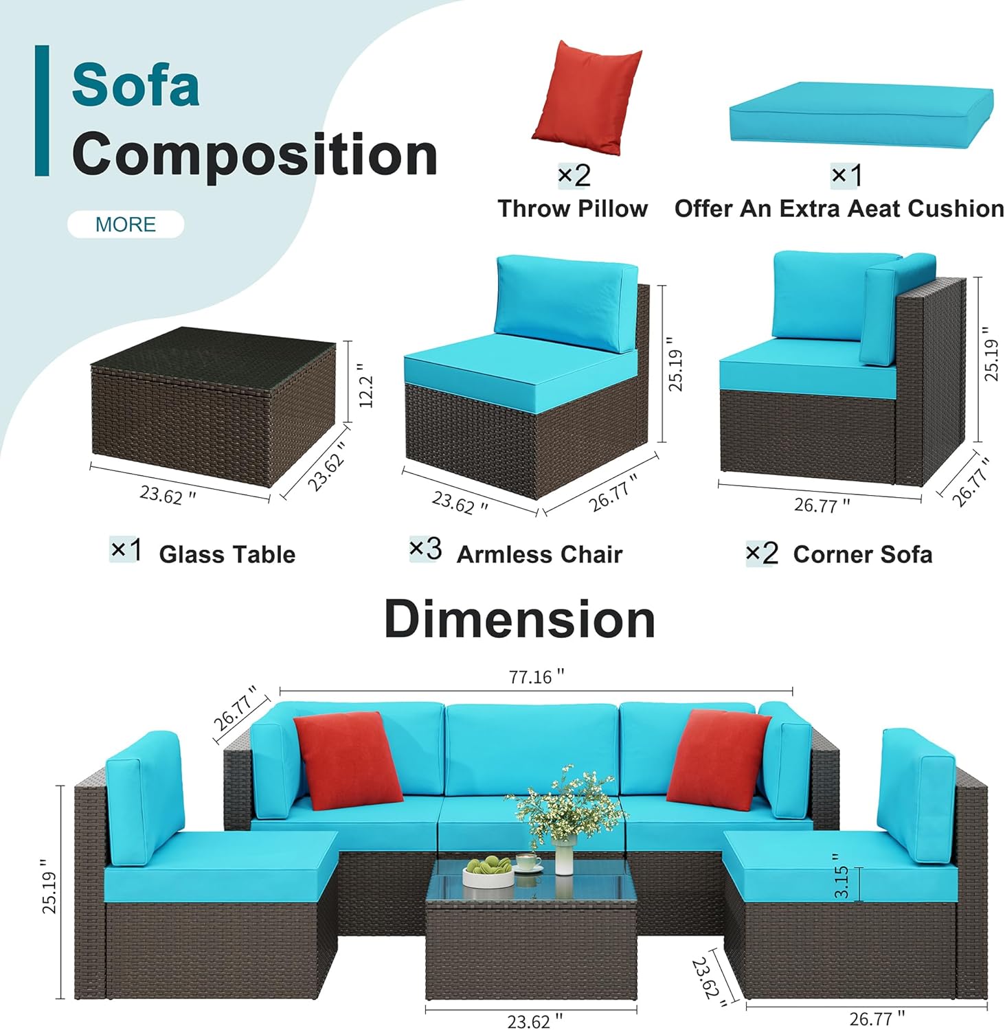 Shintenchi 6 Pieces Patio Furniture Sets Outdoor All-Weather Sectional Patio Sofa Set PE Rattan Manual Weaving Wicker Patio Conversation Set with Glass Table&Ottoman Cushion and Red Pillows, Blue