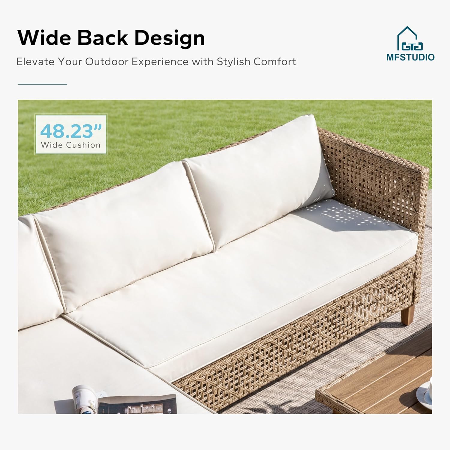 MFSTUDIO L Shaped Outdoor Couch Set, Wicker Patio Furniture Set, Rattan Outdoor Sectional Sofa with Acacia Wood Coffee Table, 3 Pieces Small Patio Conversation Set for Backyard, Beige