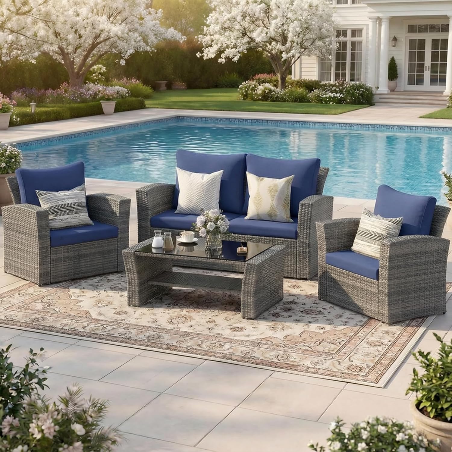 Wisteria Lane 4 Piece Patio Furniture Set, Wicker Outdoor Patio Conversation Furniture Set, All Weather Outdoor Patio Sofa with Cushion and Glass Table, Ash Gray