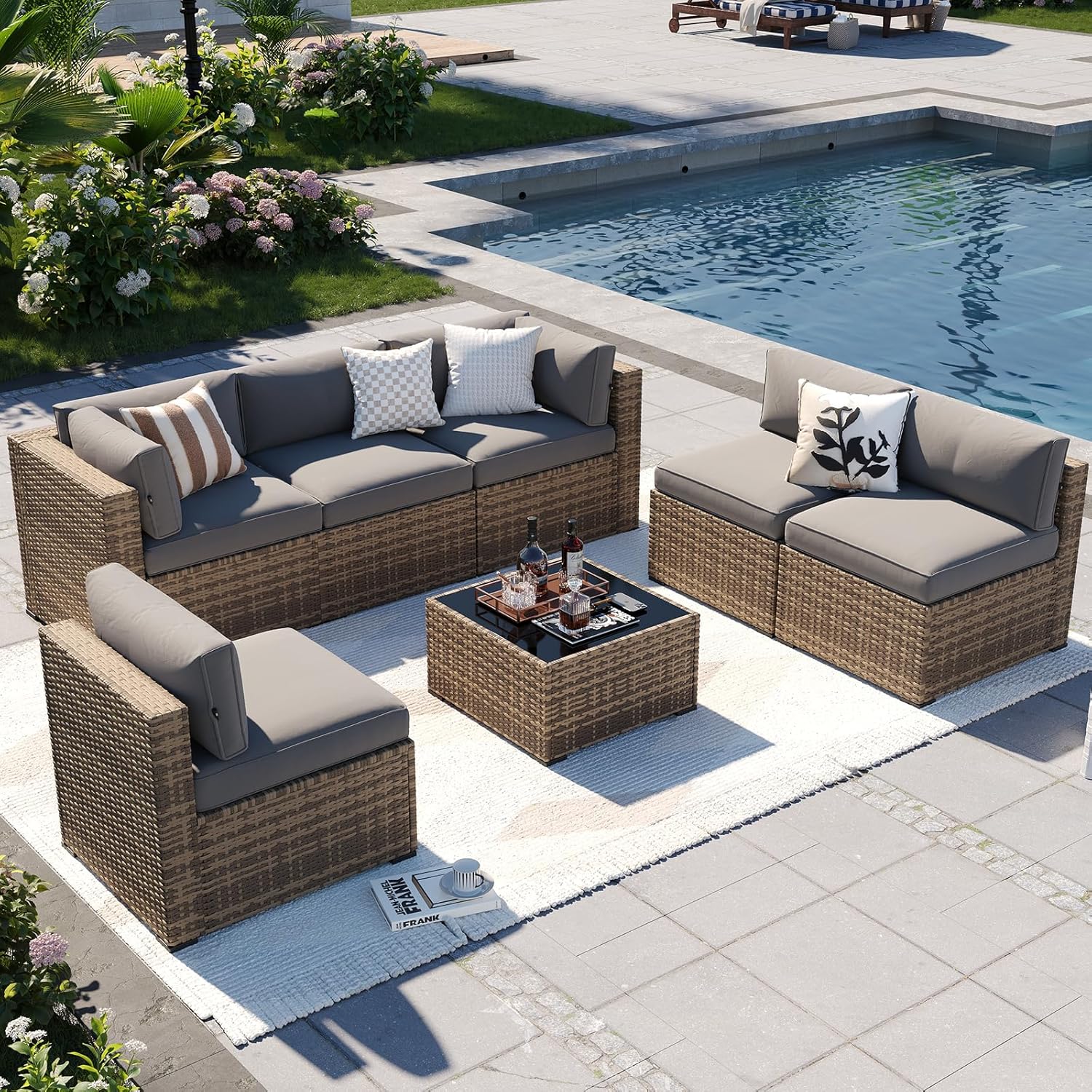 Aoxun Patio Furniture Sets, 7-Piece Outdoor Patio Furniture with Thick Cushions, Wicker Outdoor Conversation Set Sectional Sofa for Backyard, Poolside, Garden