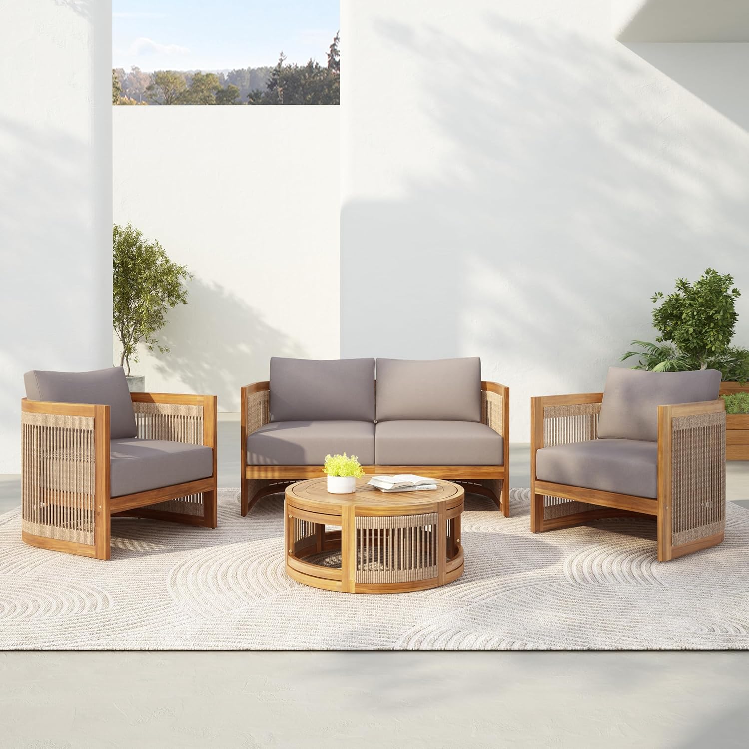 4-Piece Patio Conversation Set, All Weather Sectional Sofa Set w/ 2 Chairs, Loveseat & Table Premium, Acacia Wood Outdoor Furniture Set with Woven Rope Accents and Cushions (Teak+Beige)
